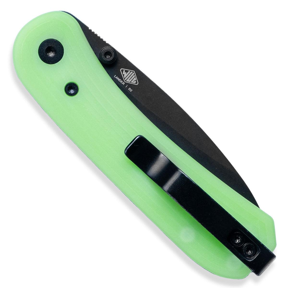 Lander 1 Knife Scales in Kirinite Glow installed on a closed knife, standing upright, pocket clip side