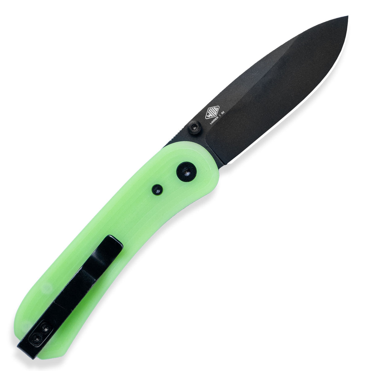 Lander 1 Knife Scales in Kirinite Glow installed on an open knife with black blade