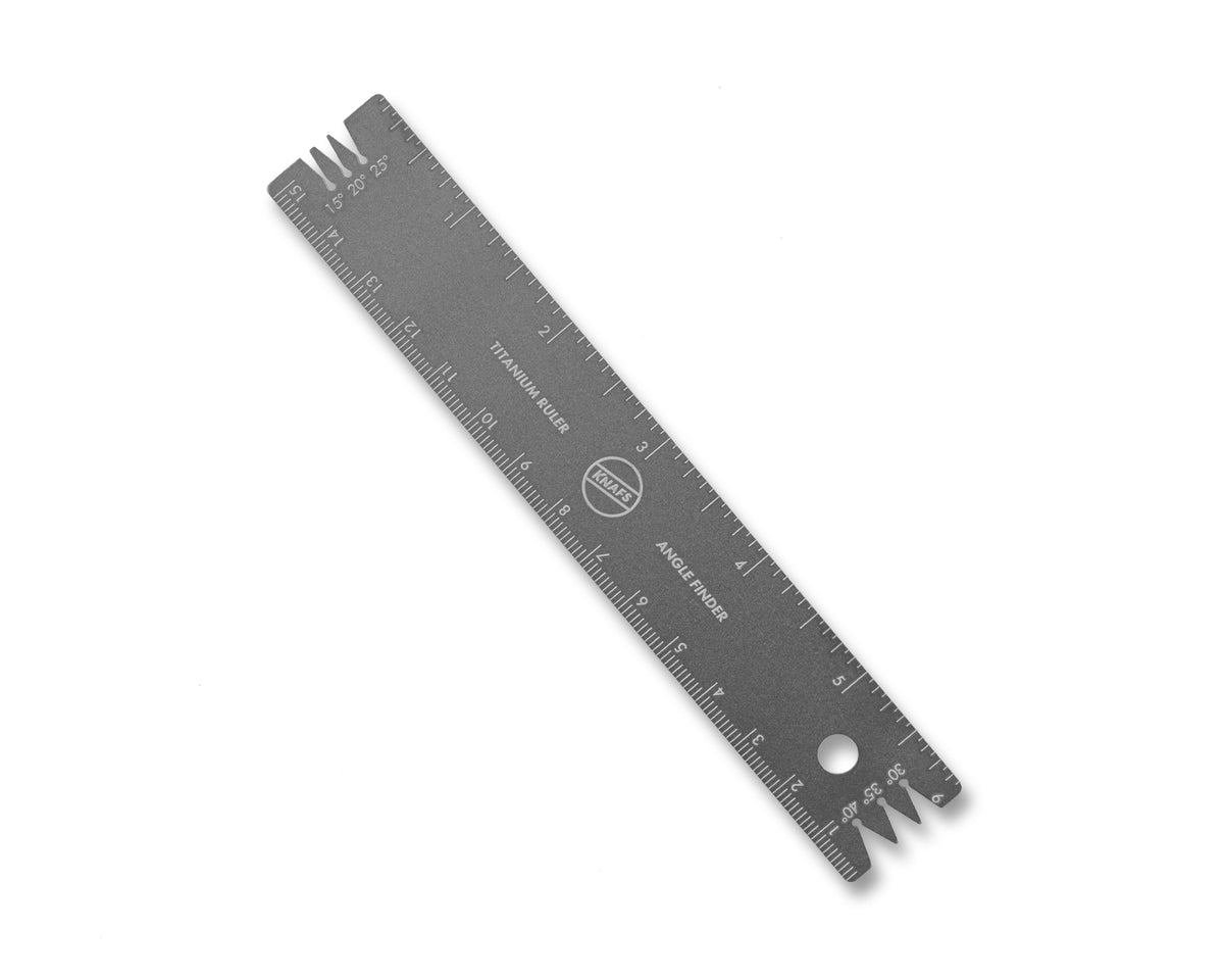 Titanium Ruler + Knife Angle Finder, flat gray ruler with measurement markings, isolated product shot
