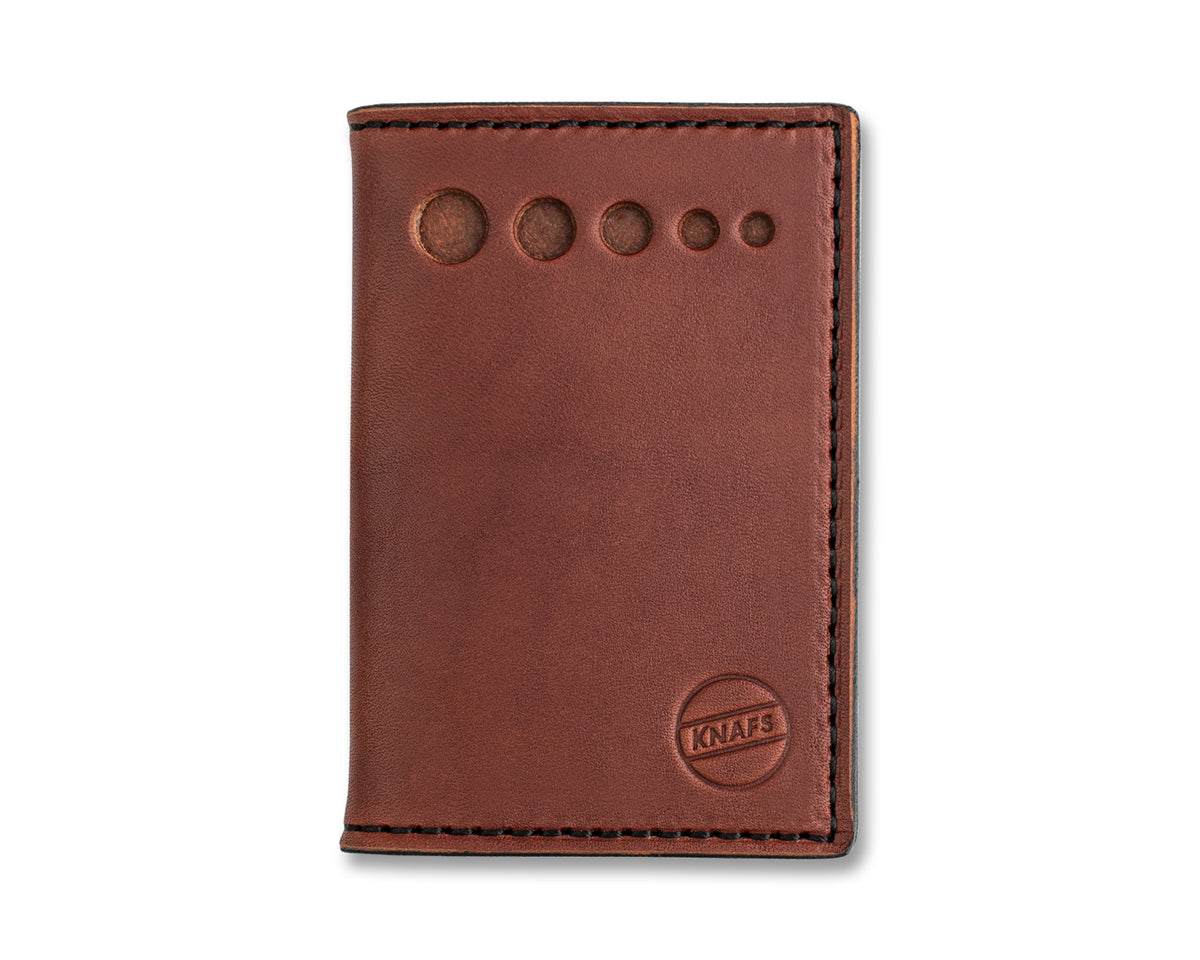 Tan leather strop wallet for pocket knives, closed, front view