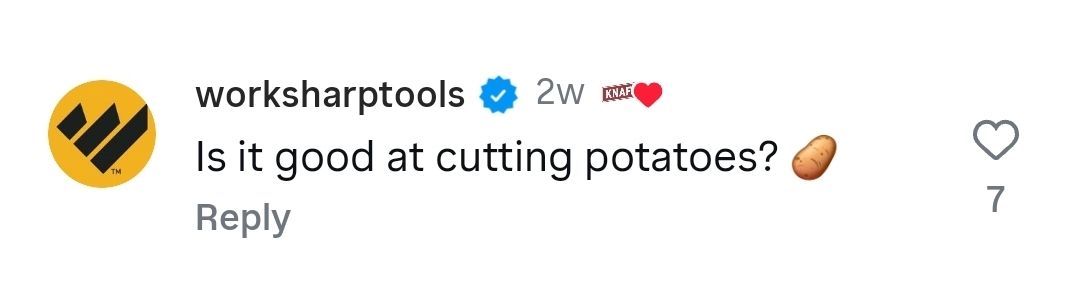 Screenshot of Instagram comment from Work Sharp joking "Is it good at cutting potatoes?" on Potato Defense Fund post