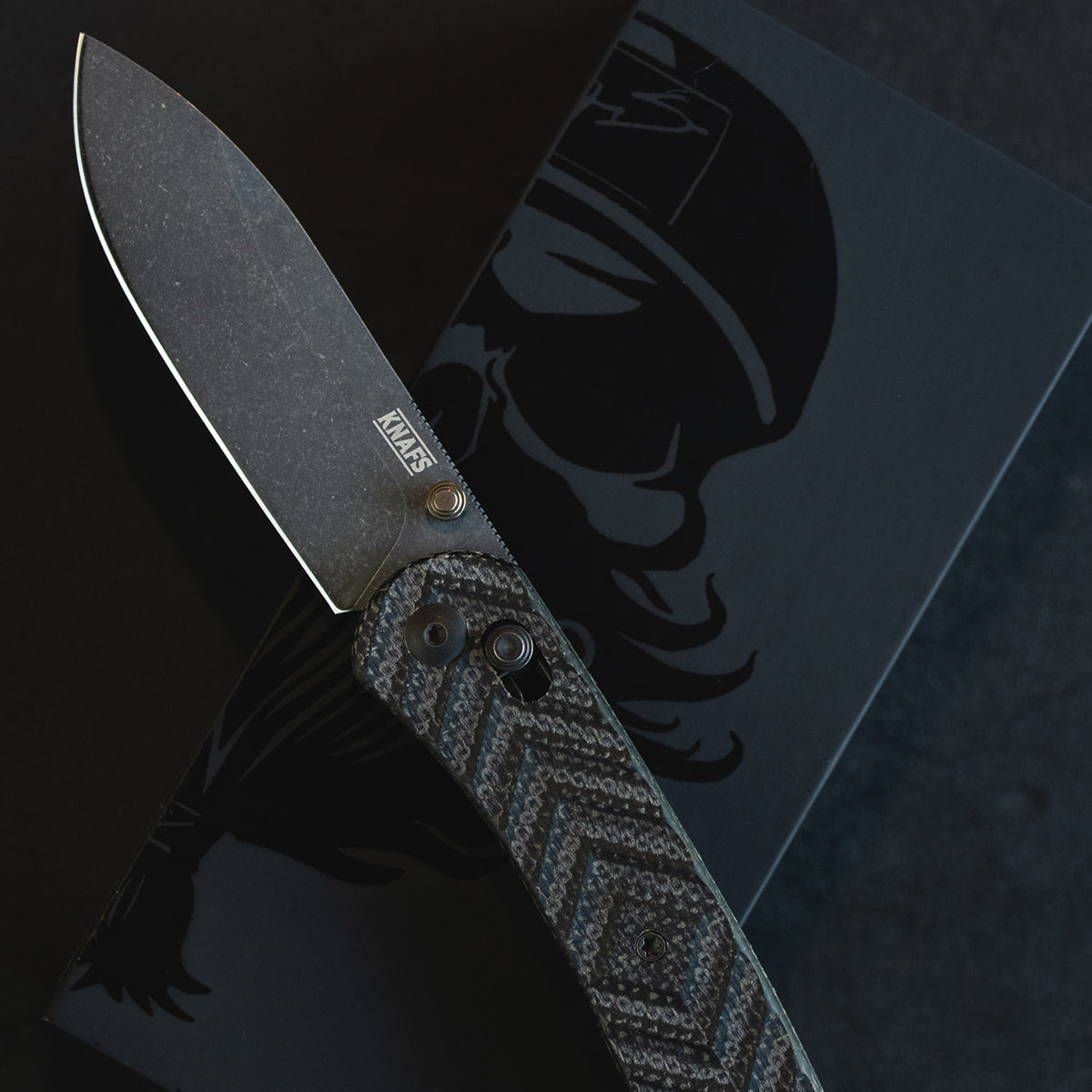 Jeremy Siers Lander 2 knife blade close-up showing etched design