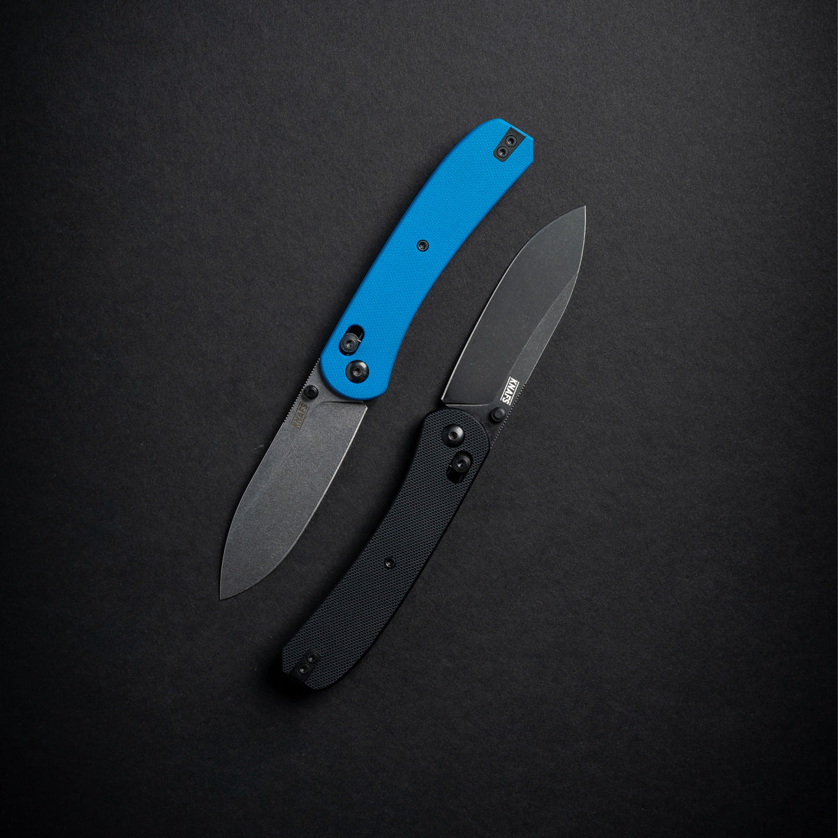 Lander 2 Pocket Knife in Blue G10, closed and open shown together, standalone product shot