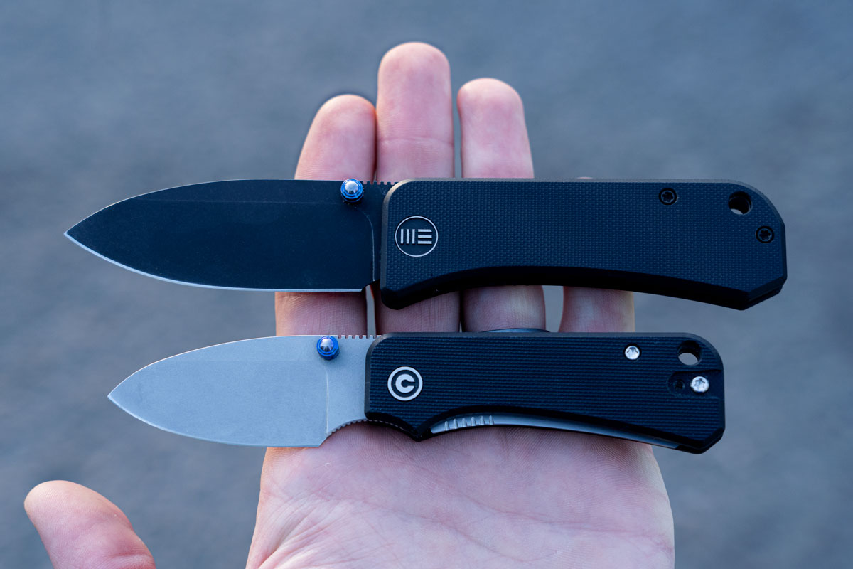 Baby Banter Pocket Knife in Burgundy G10 held in hand next to the original-size Banter knife for size comparison, both closed