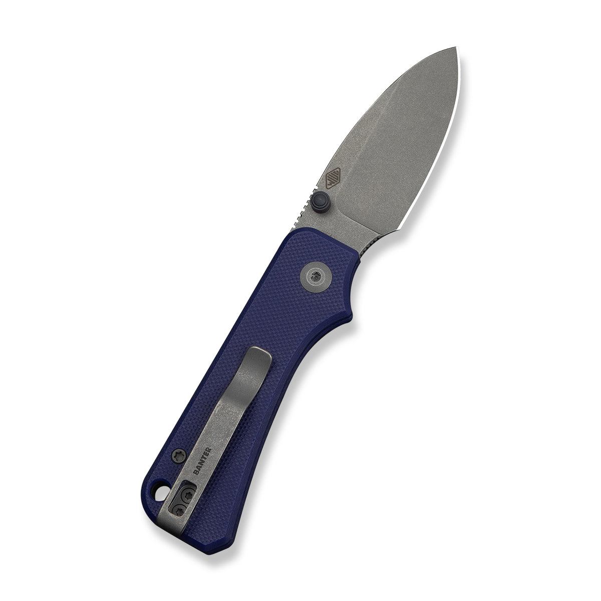 Baby Banter slip joint knife with blue G10 handle, open, angled view