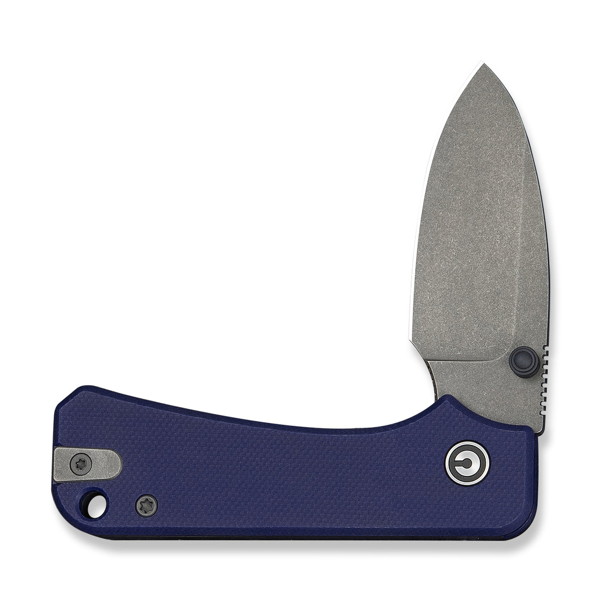 Baby Banter slip joint knife with blue G10 handle, closed, front view