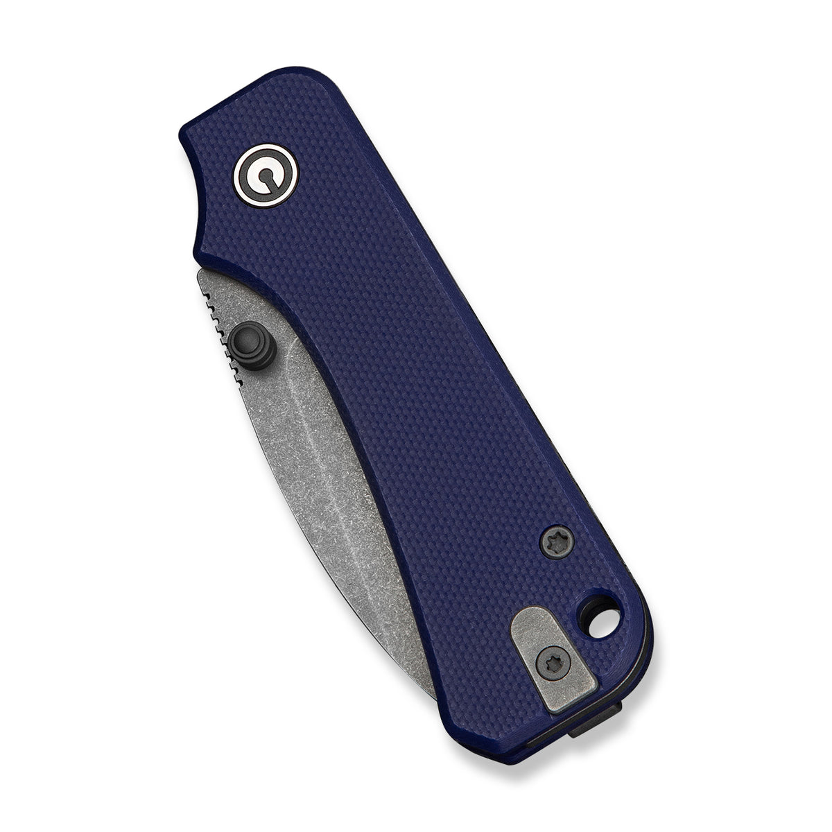 Baby Banter slip joint knife with blue G10 handle, closed, angled view