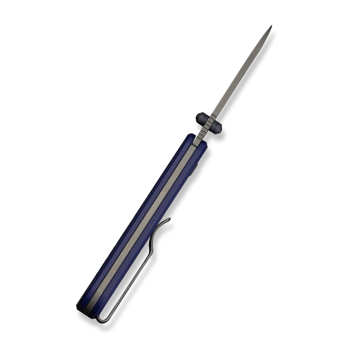Slim titanium pocket tool with blue anodized finish, standing upright