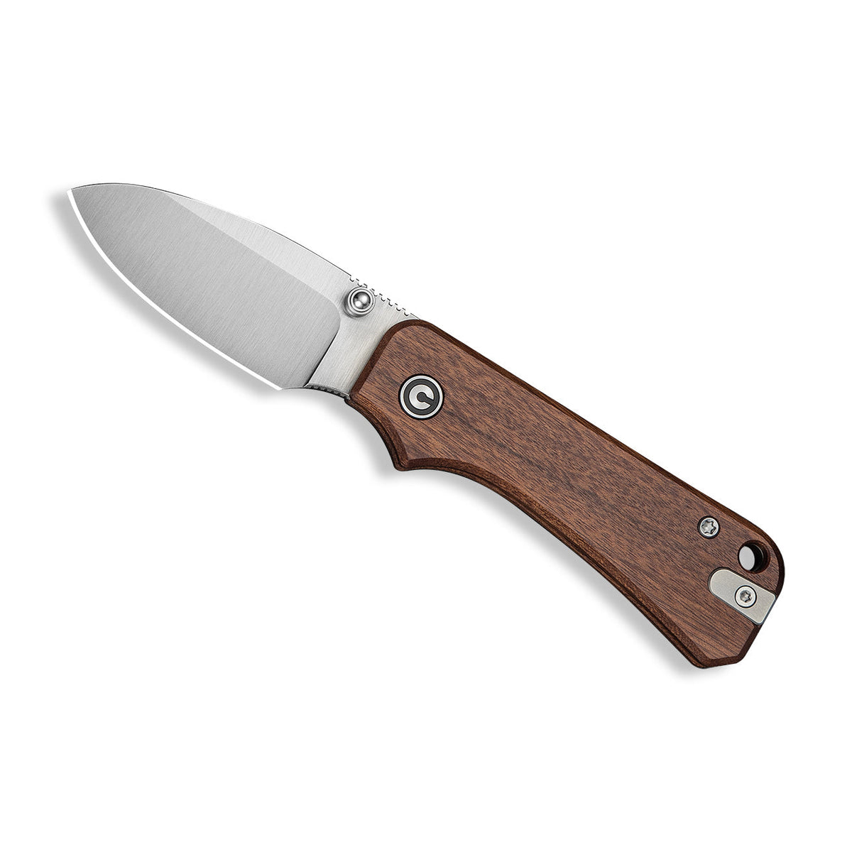 Baby Banter slip joint knife with brown Guibourtia wood handle, open, front view