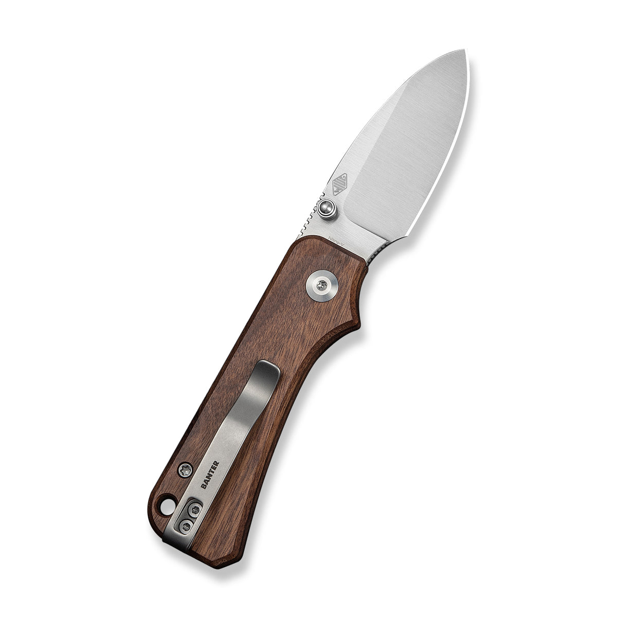 Baby Banter slip joint knife with brown Guibourtia wood handle, open, back view