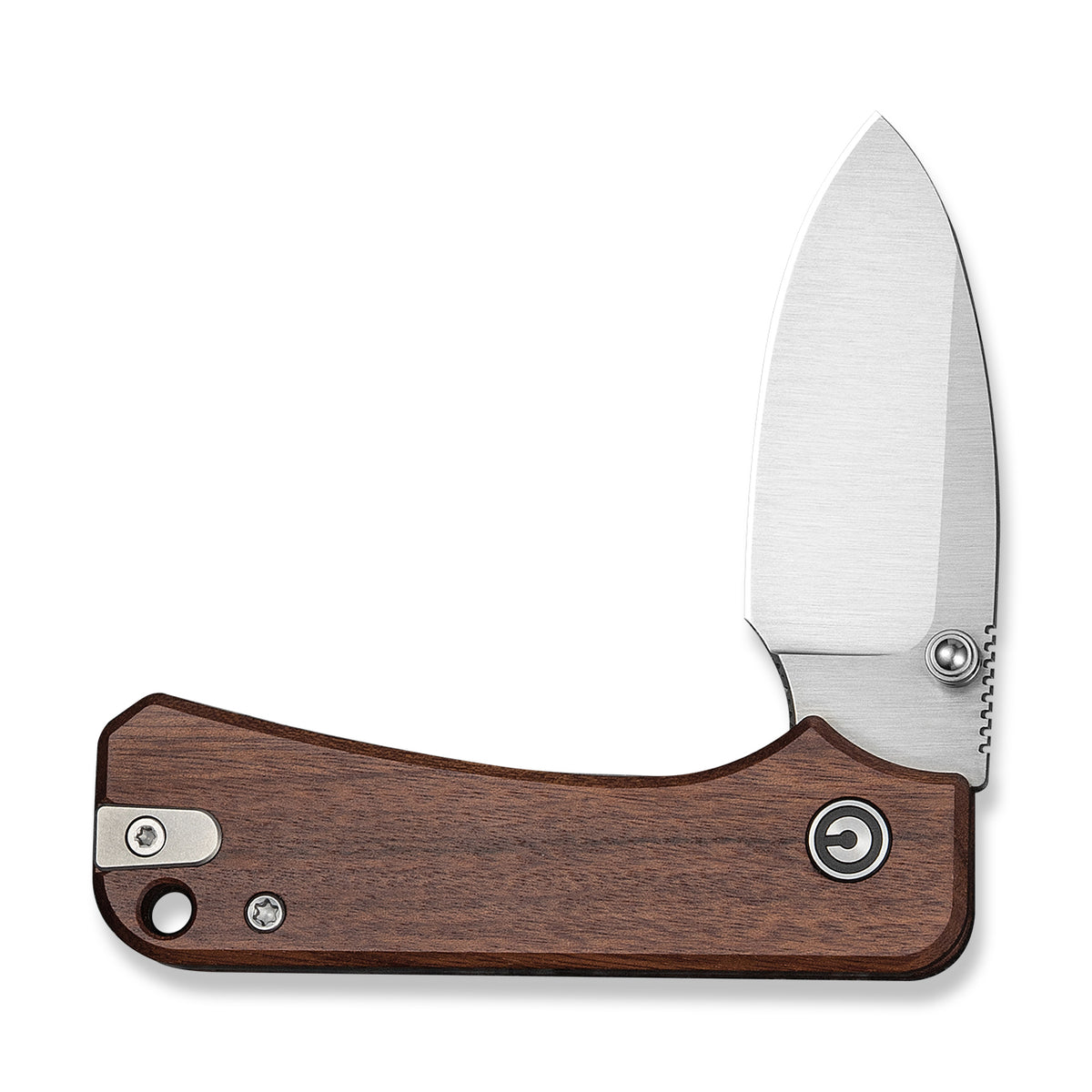 Baby Banter slip joint knife with brown Guibourtia wood handle, closed, front view