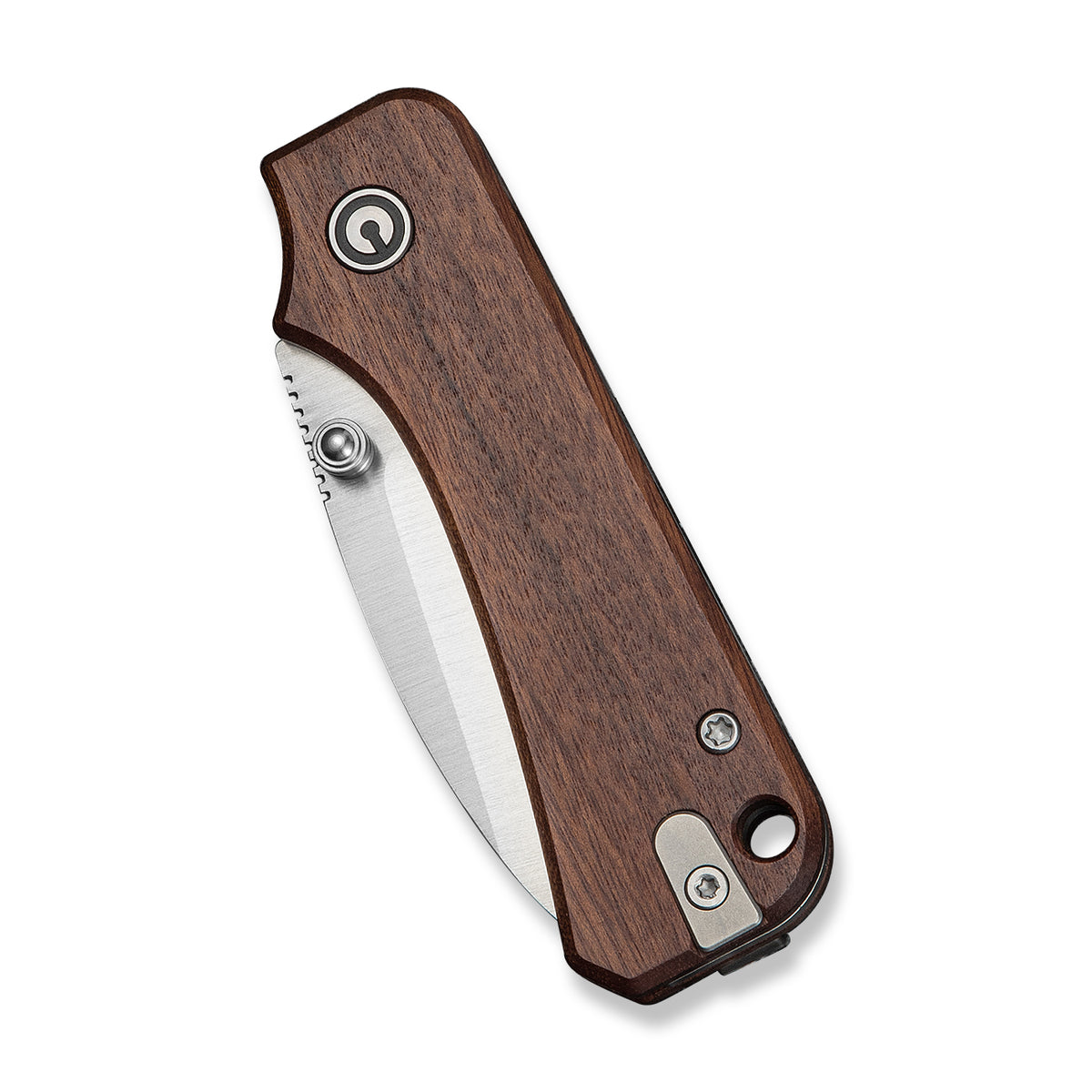 Baby Banter slip joint knife with brown Guibourtia wood handle, closed, angled view
