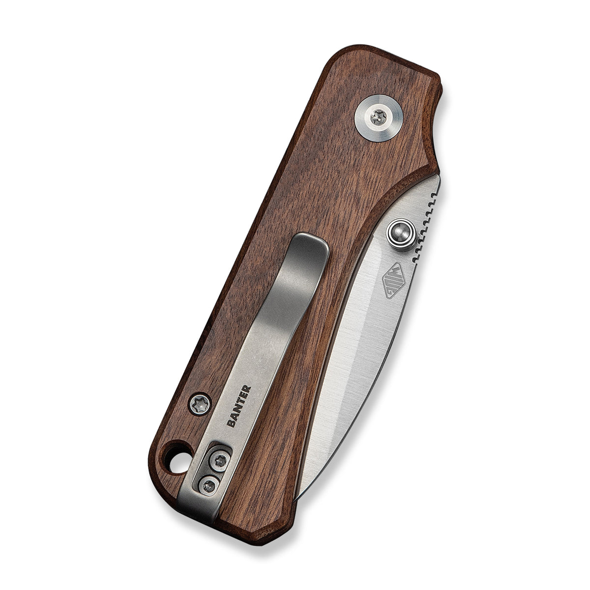Baby Banter slip joint knife with brown Guibourtia wood handle, closed, back angled view