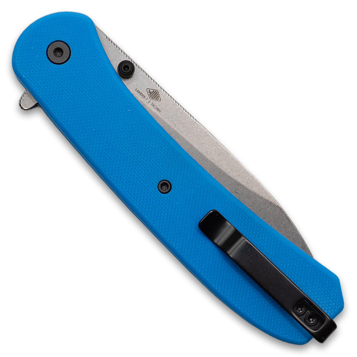 Lander 7 pocket knife with blue G10 handle, closed, back view