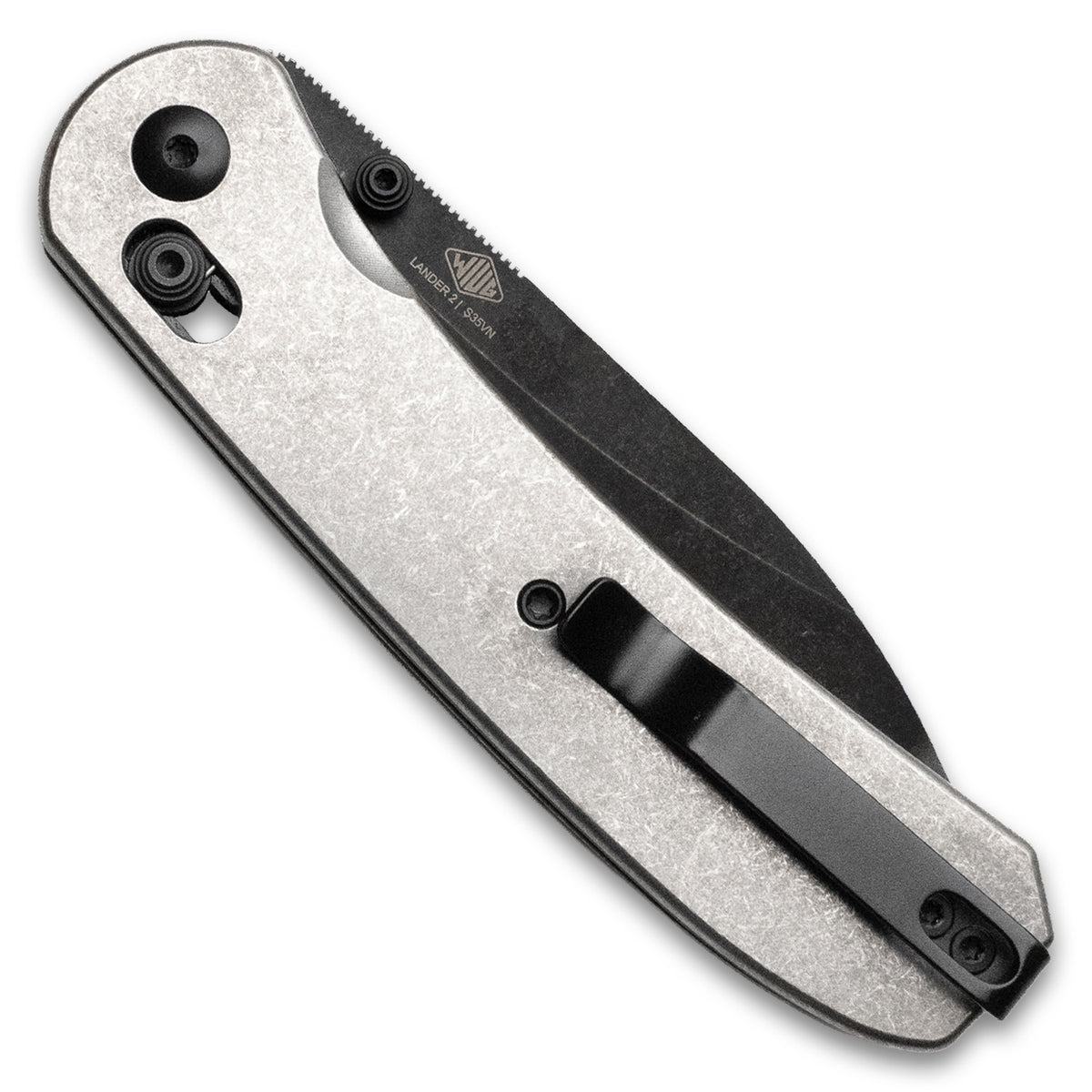 Lander 2 pocket knife with stonewashed titanium handle, closed, back view