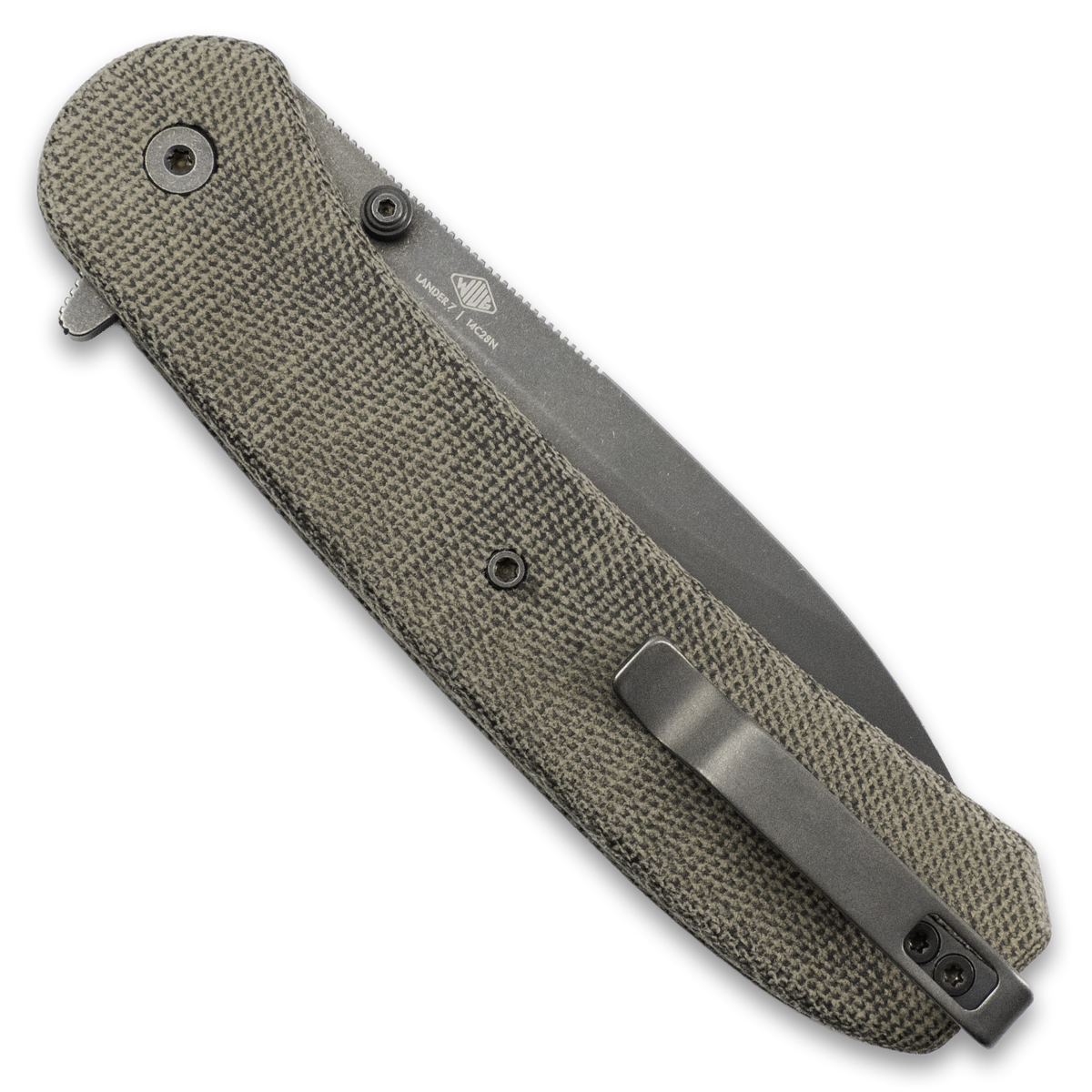 Lander 7 pocket knife with Moondust micarta handle, closed, back angled view