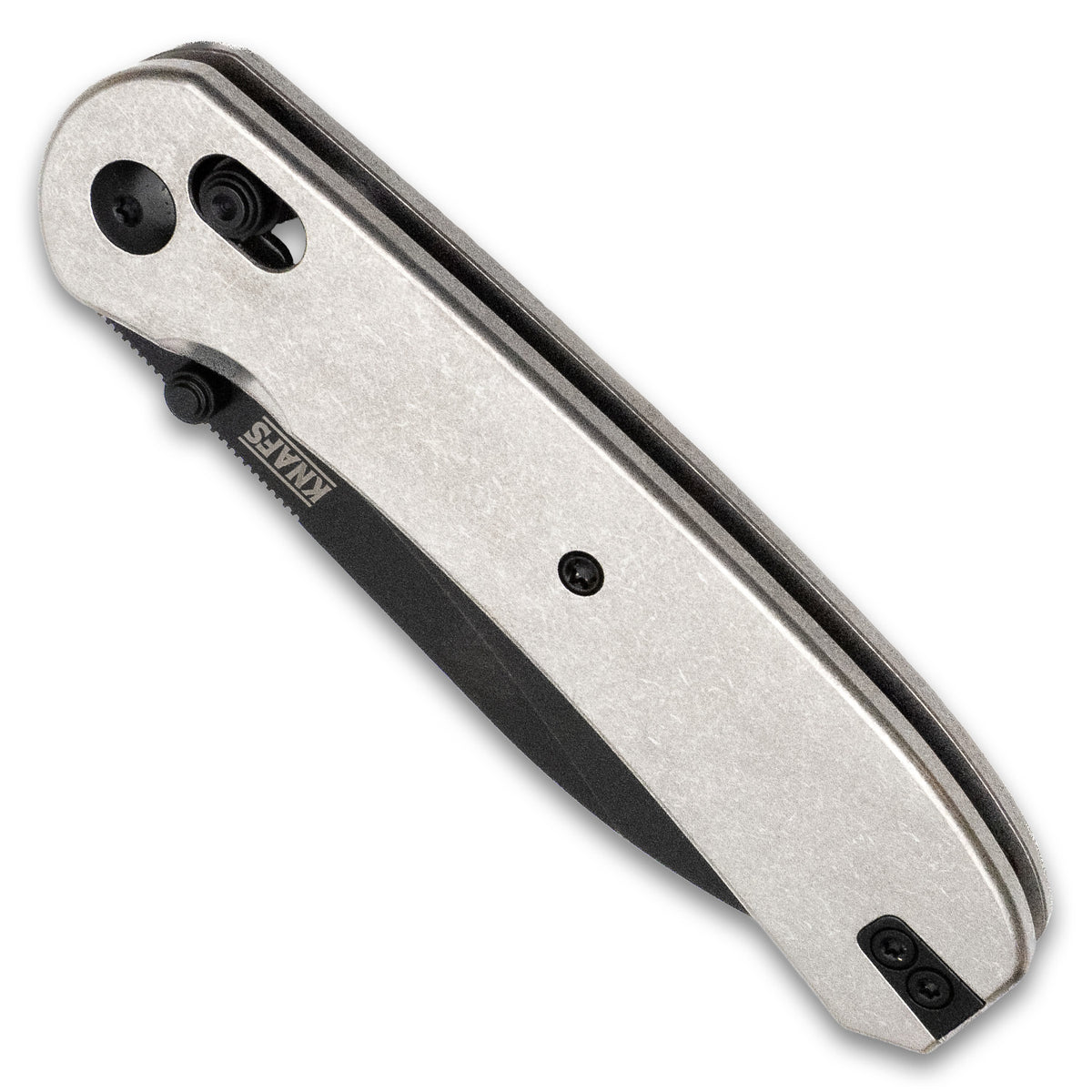 Lander 2 pocket knife with stonewashed titanium handle, closed, bottom view showing pivot