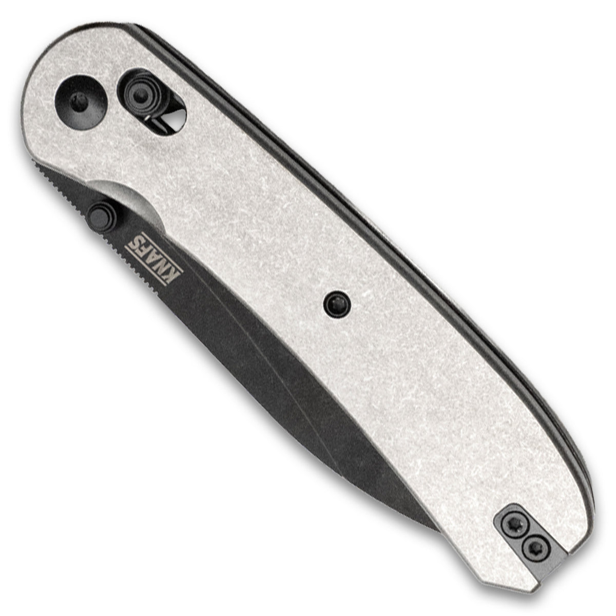 Lander 2 pocket knife with stonewashed titanium handle, closed, front view