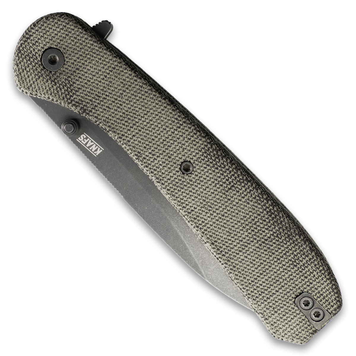 Lander 7 pocket knife with Moondust micarta handle, closed, angled view