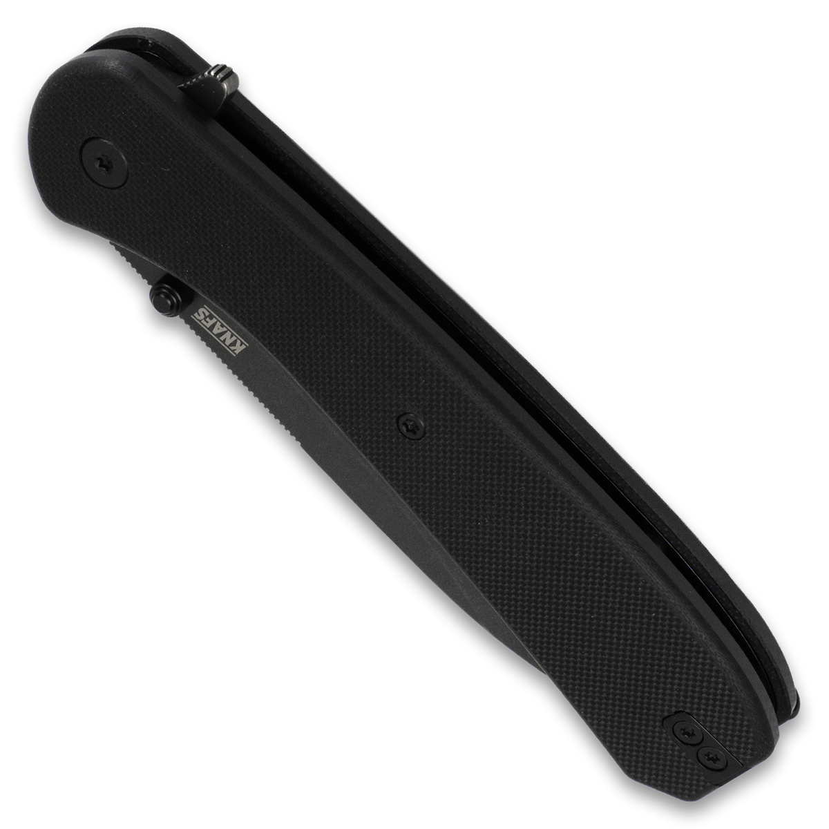 Lander 7 pocket knife with black G10 handle, closed, top view