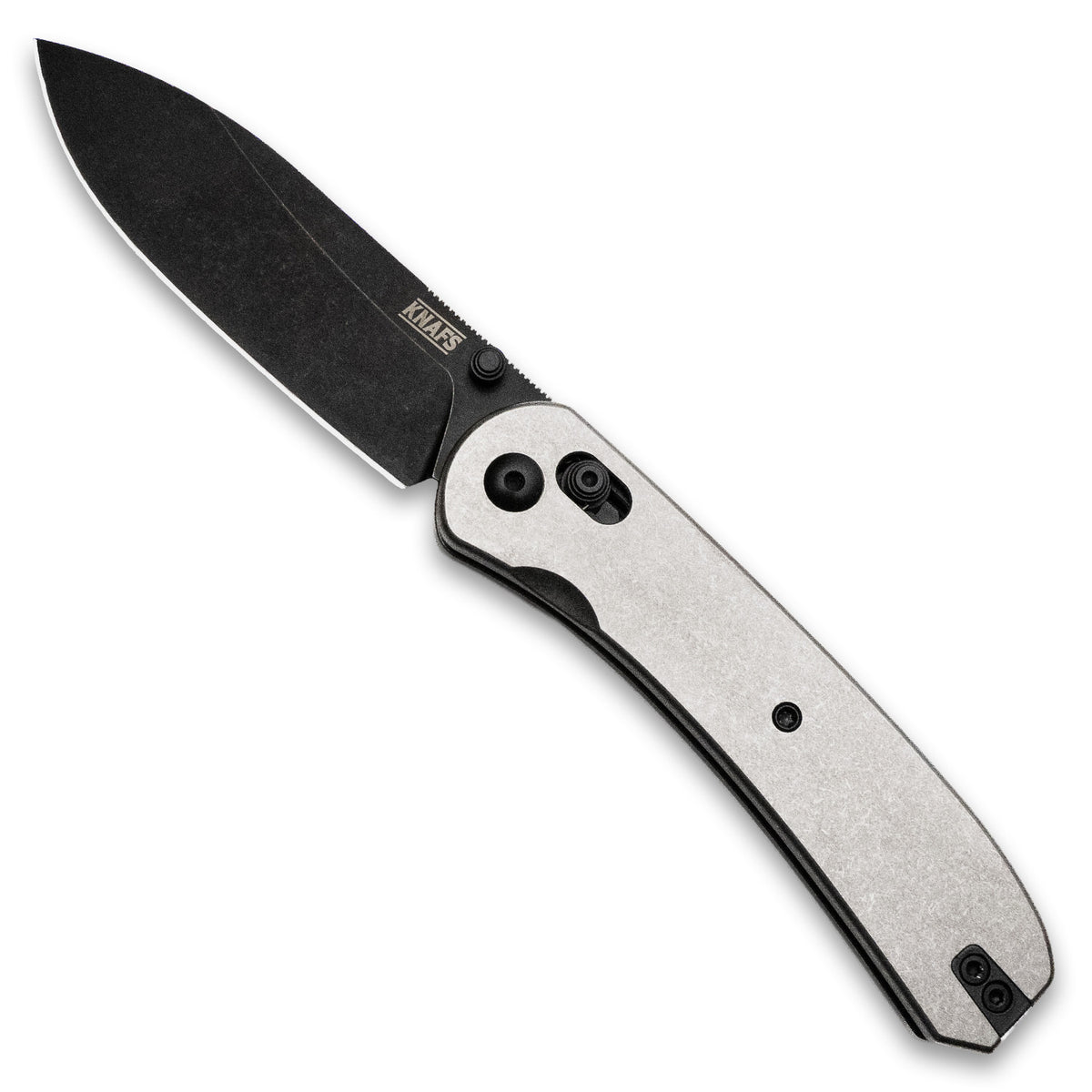 Lander 2 pocket knife with stonewashed titanium handle and black blade, open, front view