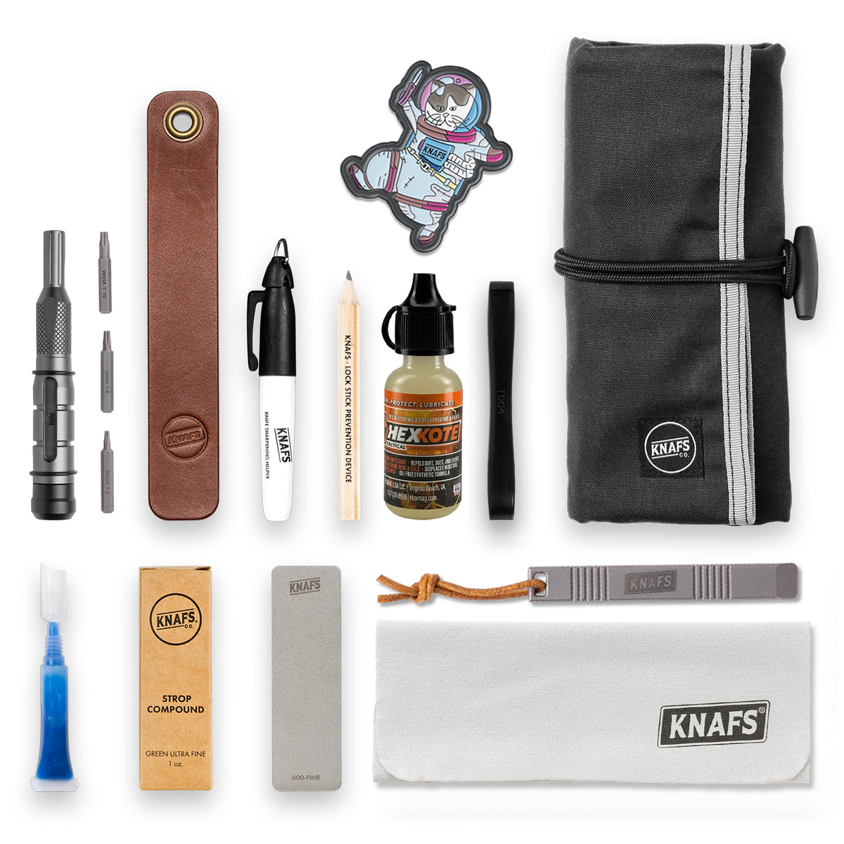 Loaded Tool Burrito 13-in-1 Knife Maintenance kit unrolled, showing pens, brushes, oil, and other maintenance tools in their fabric slots