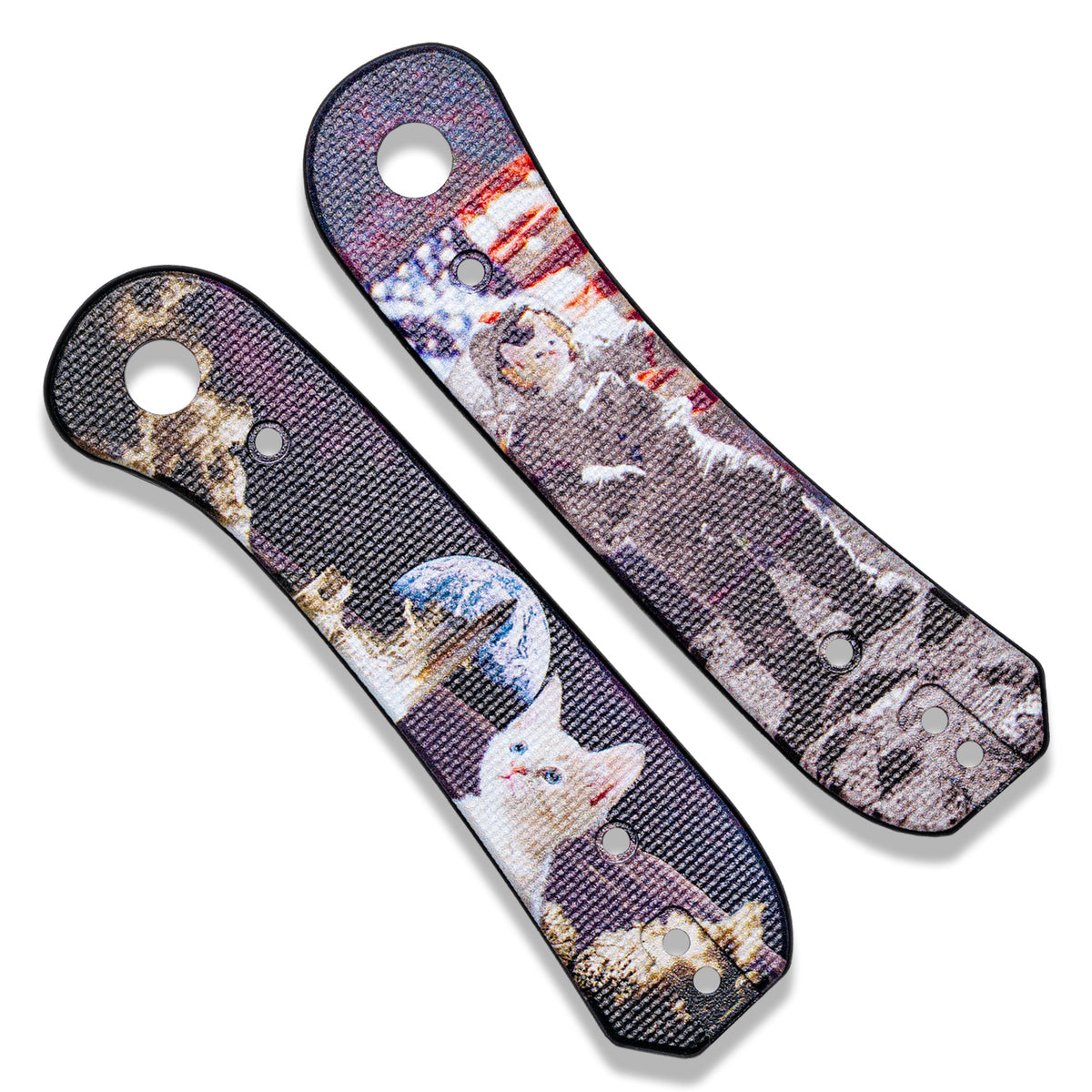 Lander 1 Knife Scales in OG Space Kitty (Limited Edition), scale pair standing upright