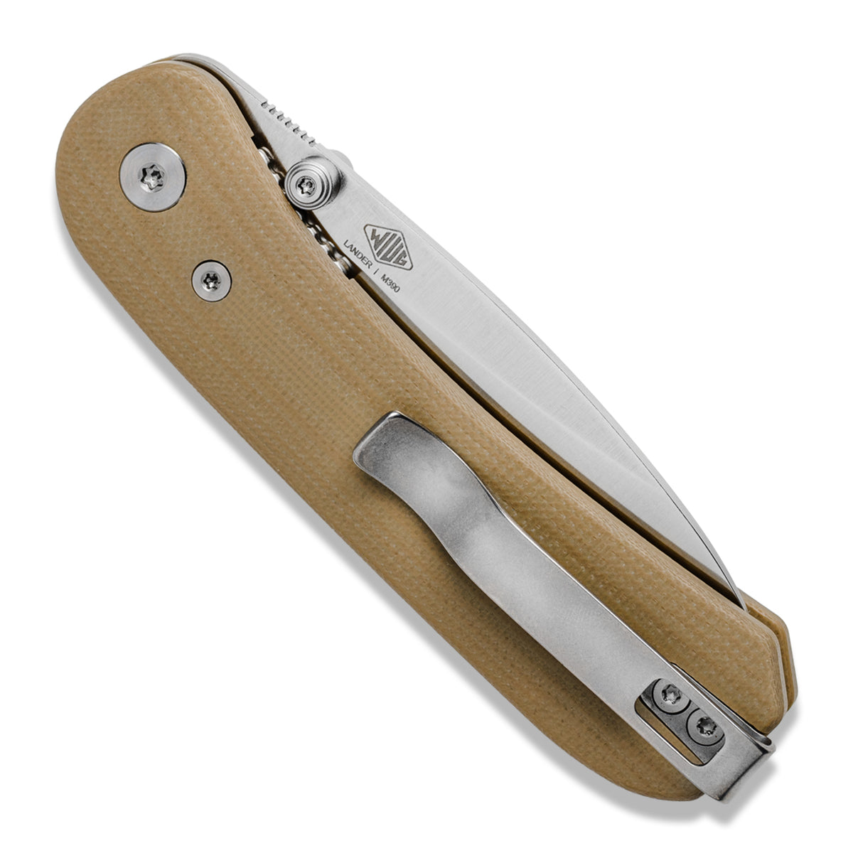 Knafs x Urban EDC Lander Seigaiha Tan knife shown at an angle, standalone product shot