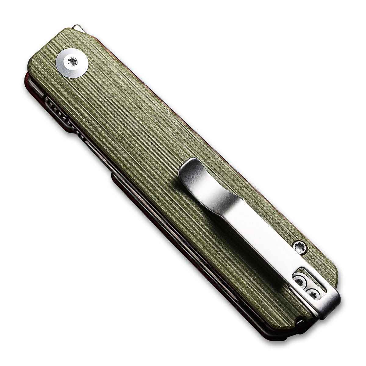 Closed clip side of a CIVIVI Sendy Pocket Knife with a G10 green handle and a satin nitro V spey point blade