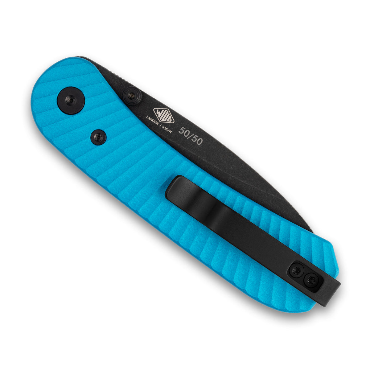 Lander 1 Pocket Knife Limited Edition with teal aluminum scales, closed, back view