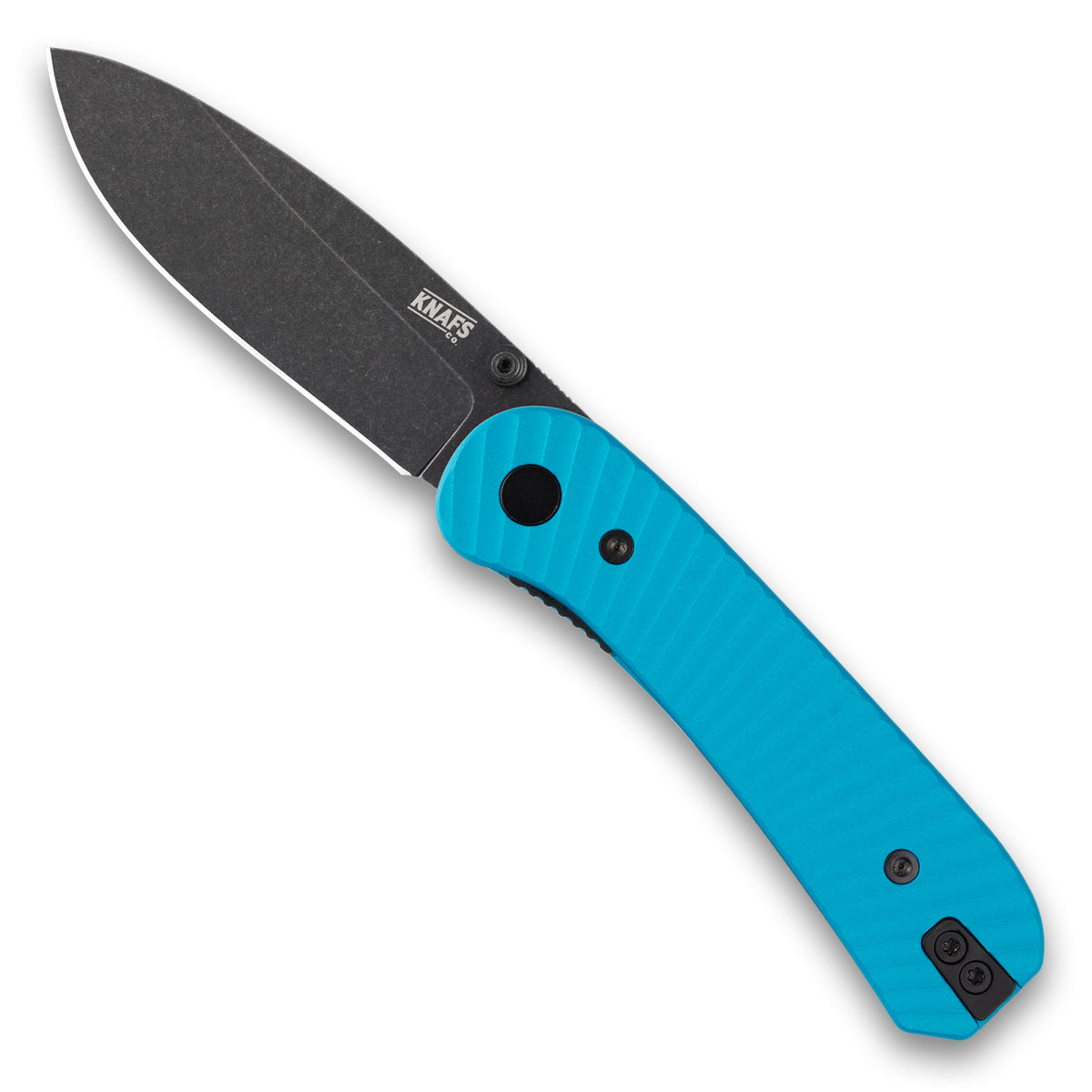 Lander 1 Pocket Knife Limited Edition with teal aluminum scales and black blade, open, standalone product shot
