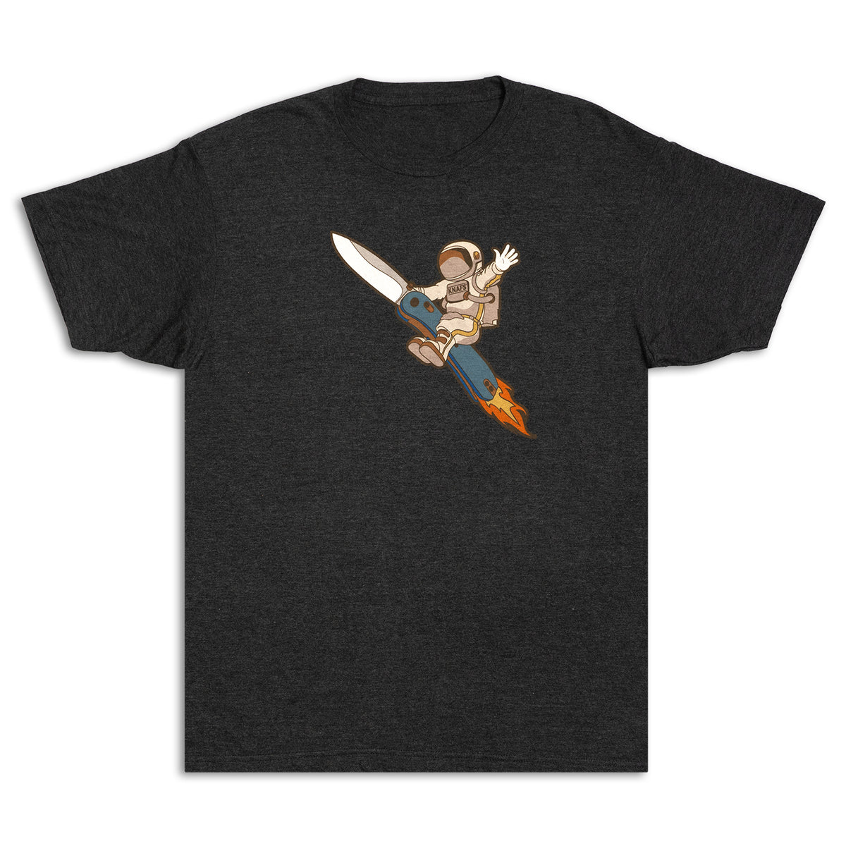 Knafs AstroDude T-shirt in black with a colorful astronaut skeleton graphic holding a knife