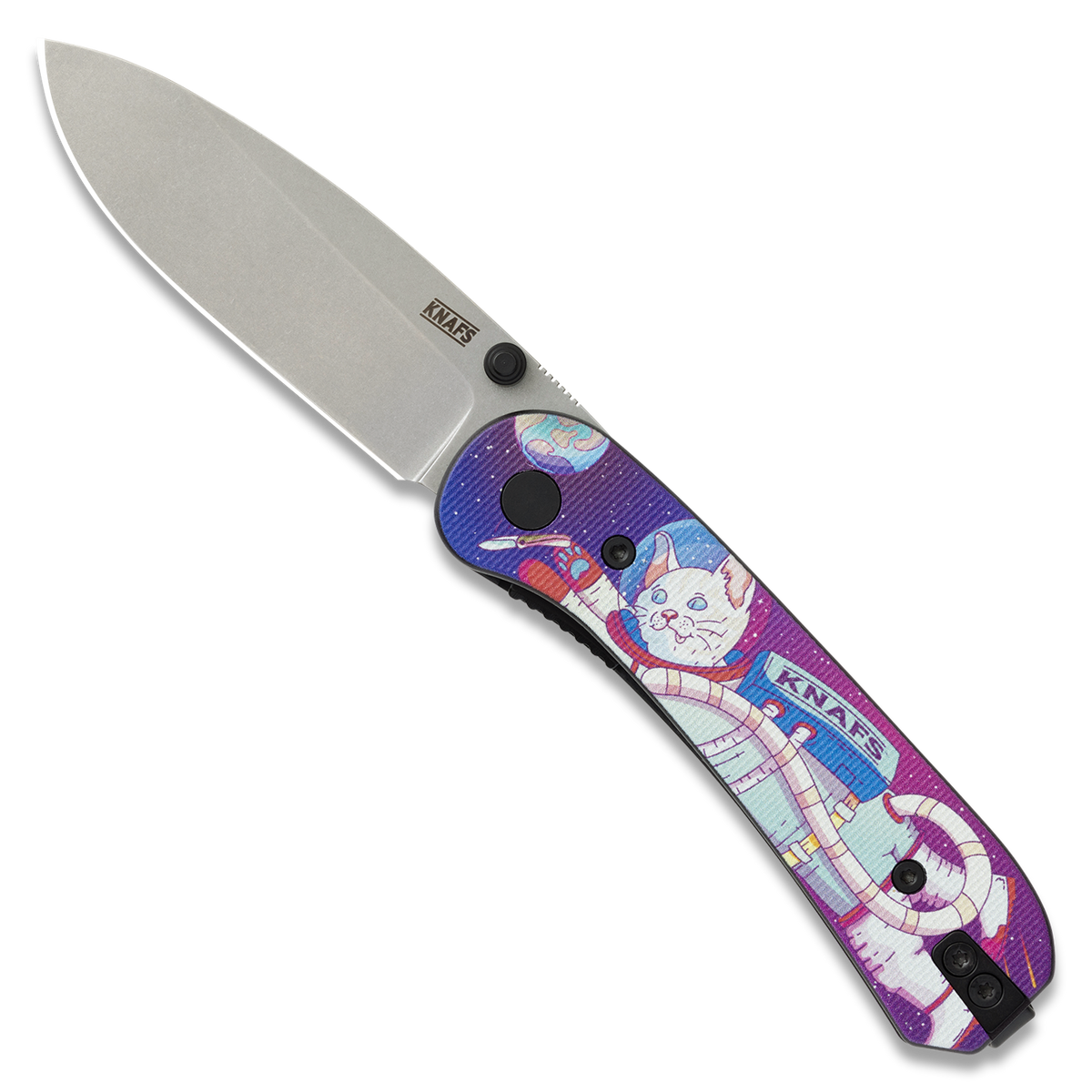 Lander 1 Pocket Knife with printed G10 handle in a Sfank and Gary space cat pattern, open, satin blade