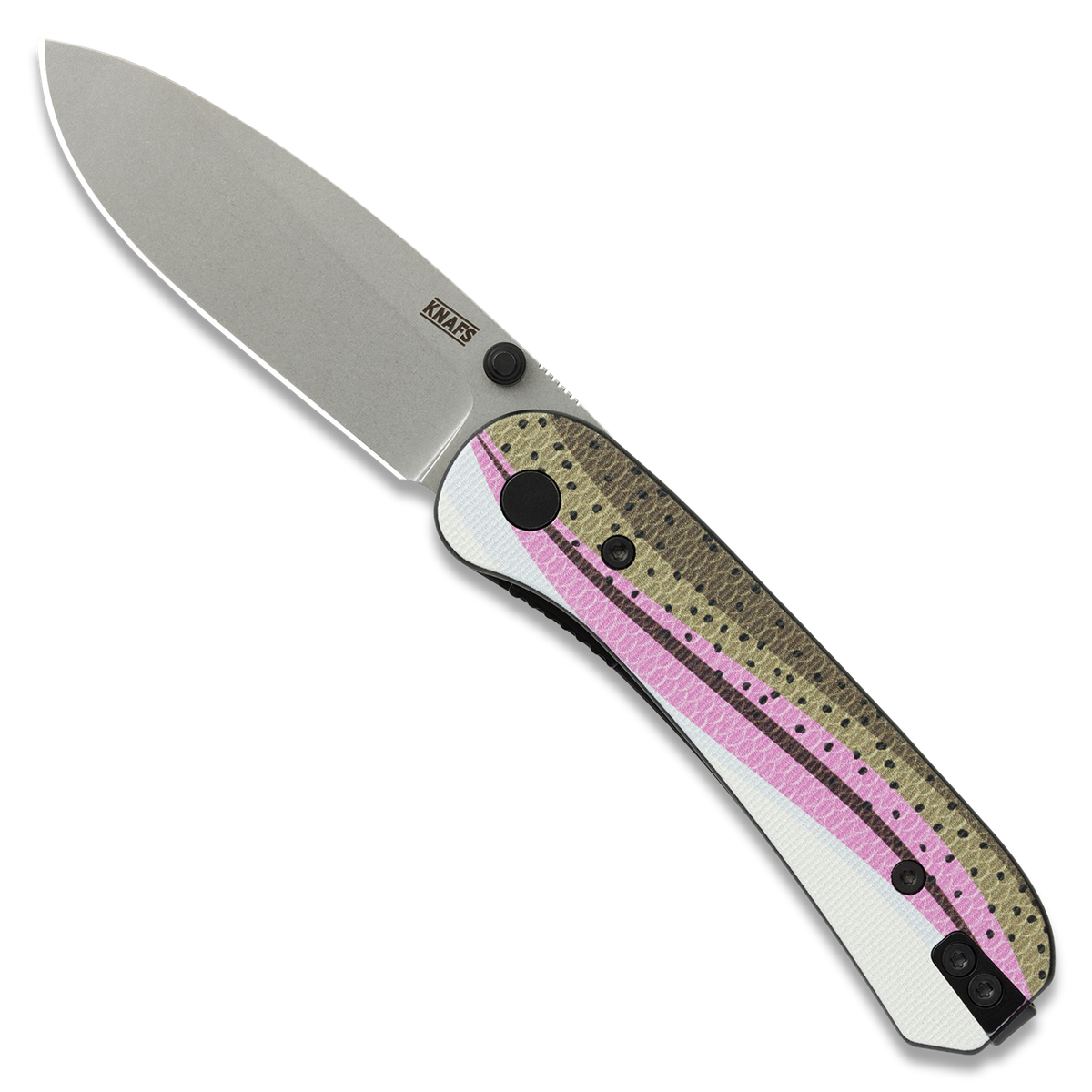 Lander 1 Pocket Knife with printed G10 handle in a Rainbow Trout pattern, open, gray stonewashed blade