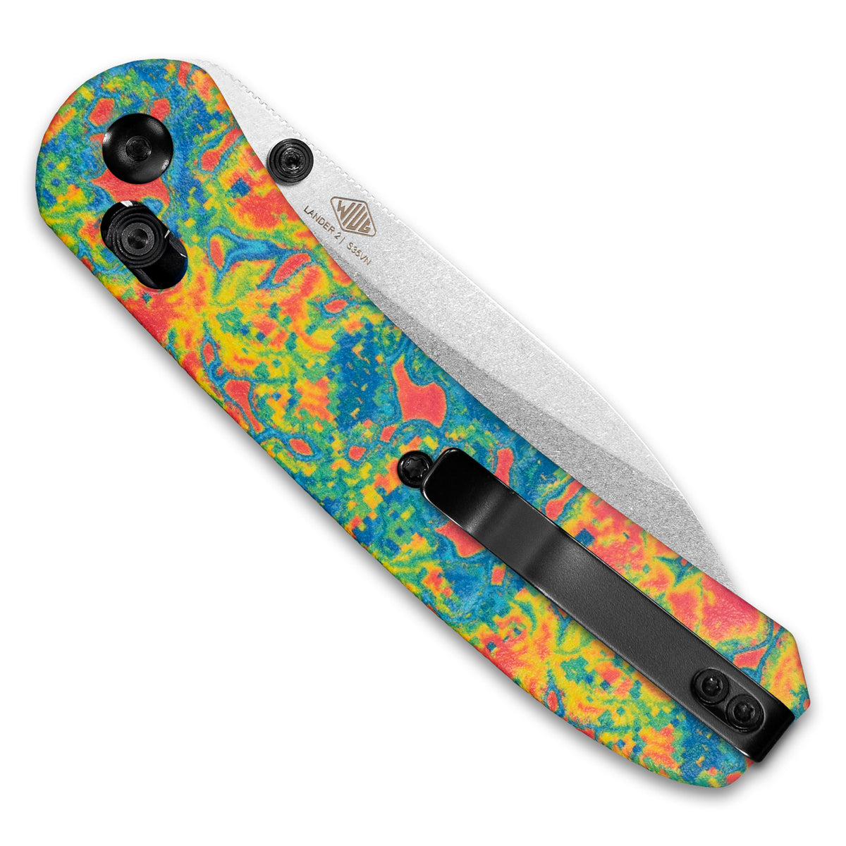Closed clip side of a Knafs Lander 2 Pocket Knife with Chromascale Heatmap patterned scales and a Stonewashed S35VN drop point blade