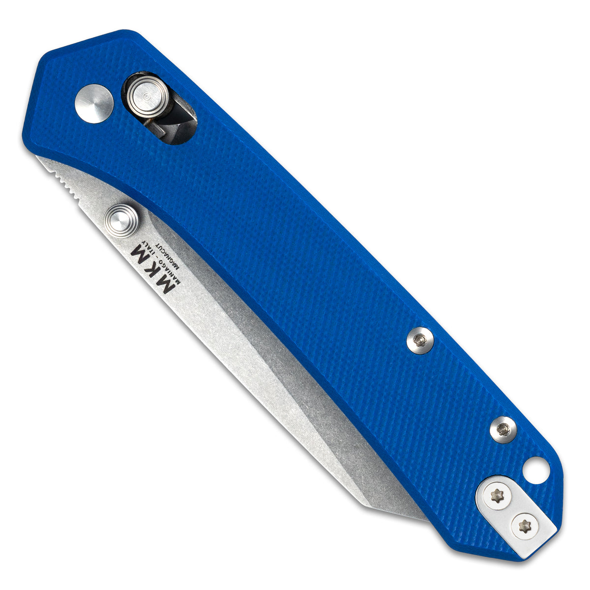 Closed front side of a MKM Yipper Pocket Knife with Blue G10 handle and a stone washed CPM Magnacut flat grind reverse tanto blade