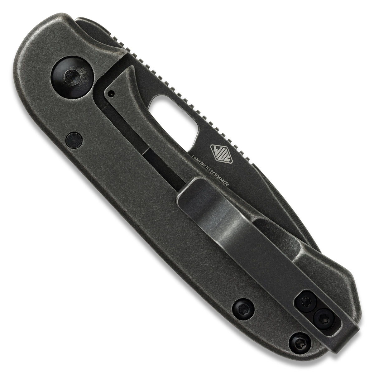 Lander 5 black folding knife with visible WIUG logo on a white background