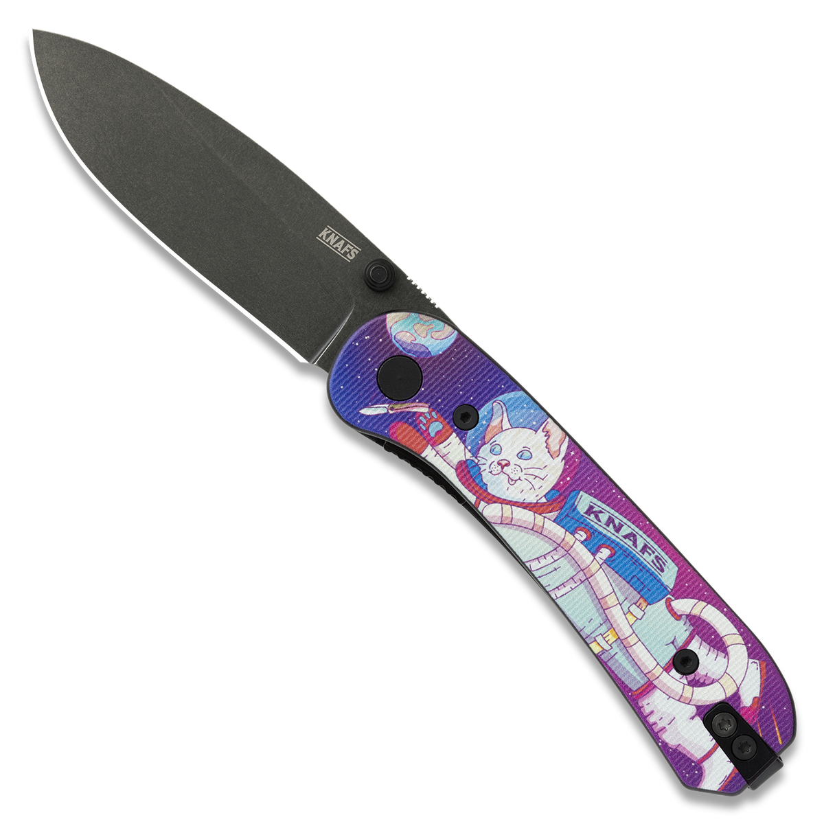 Lander 1 Pocket Knife with printed G10 handle in a Sfank and Gary space cat pattern, open, black stonewashed blade
