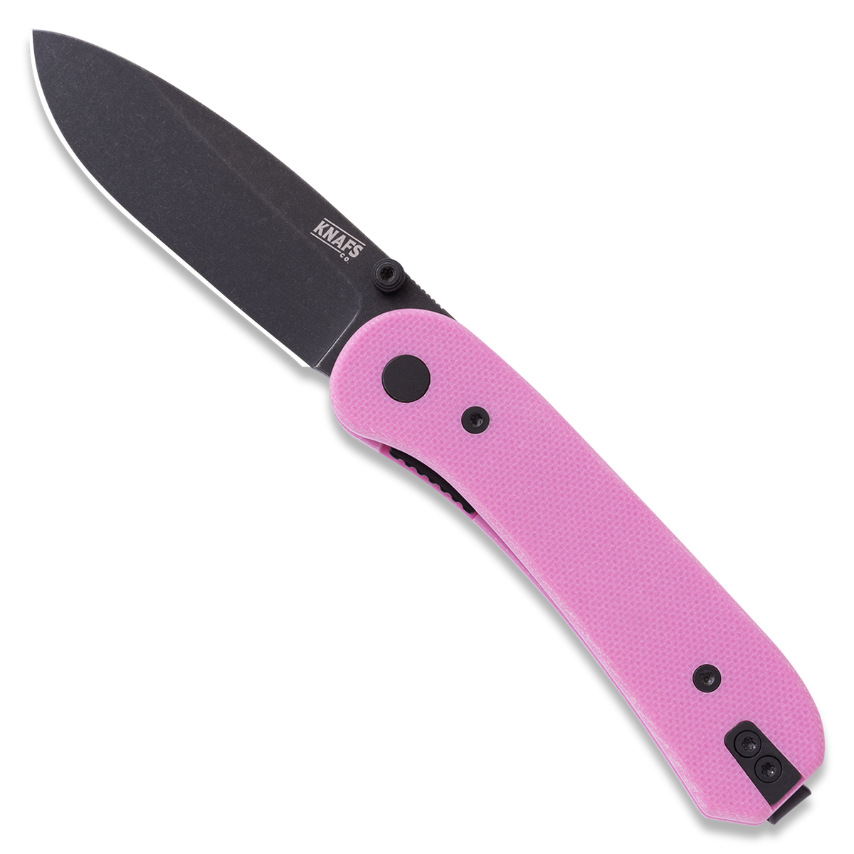 Lander 1 Pocket Knife - Flat G10 Scales - Pre-Built - open front Black Blade - Pink Handle