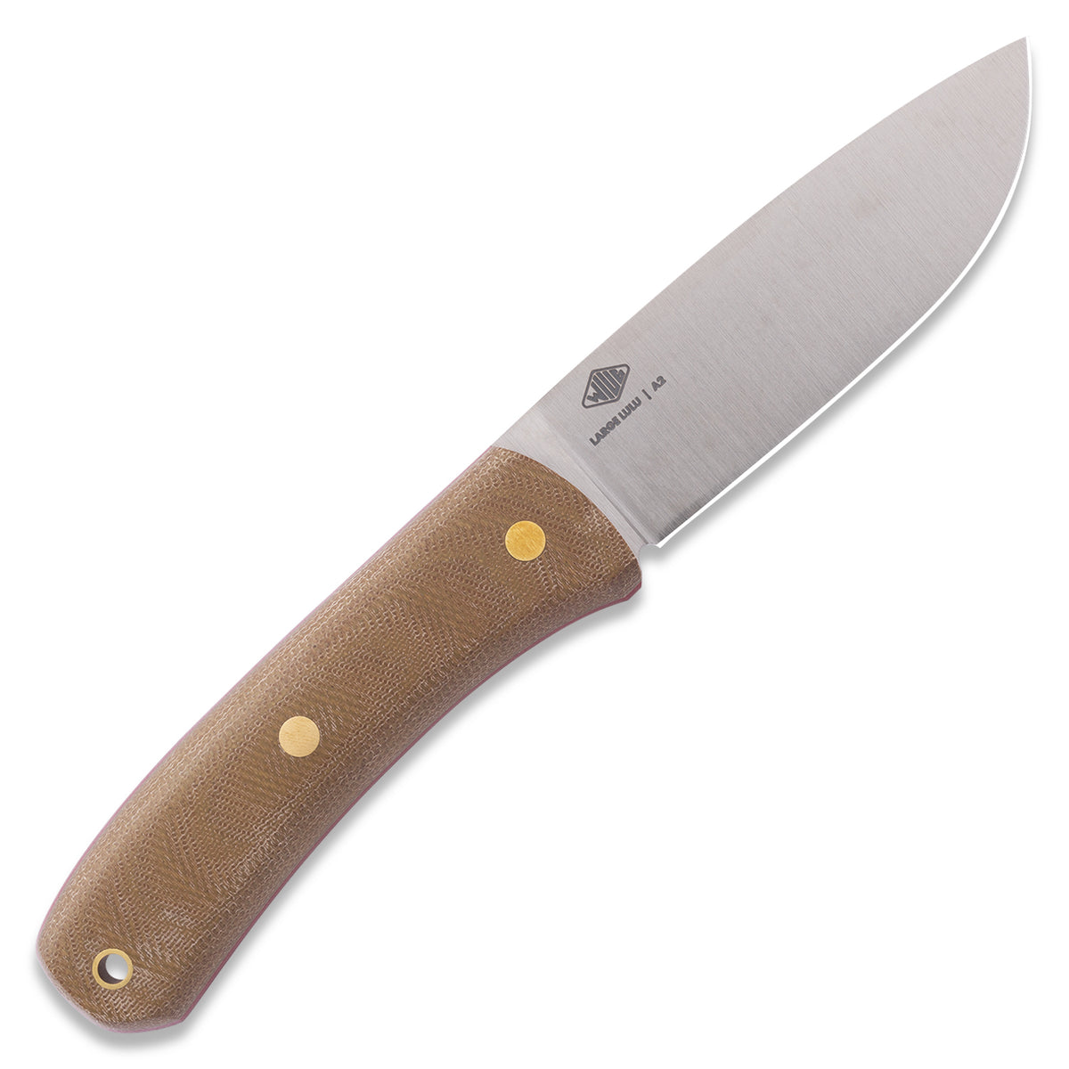 Large Lulu Fixed Blade Knife in A2 steel, tan handle, back view