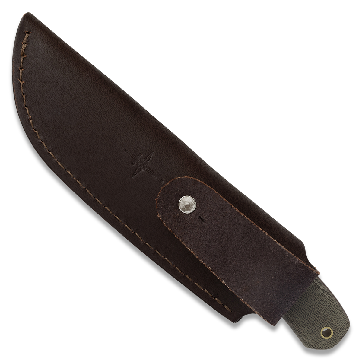 Large Lulu Fixed Blade Knife in its leather sheath, back view, with handle visible