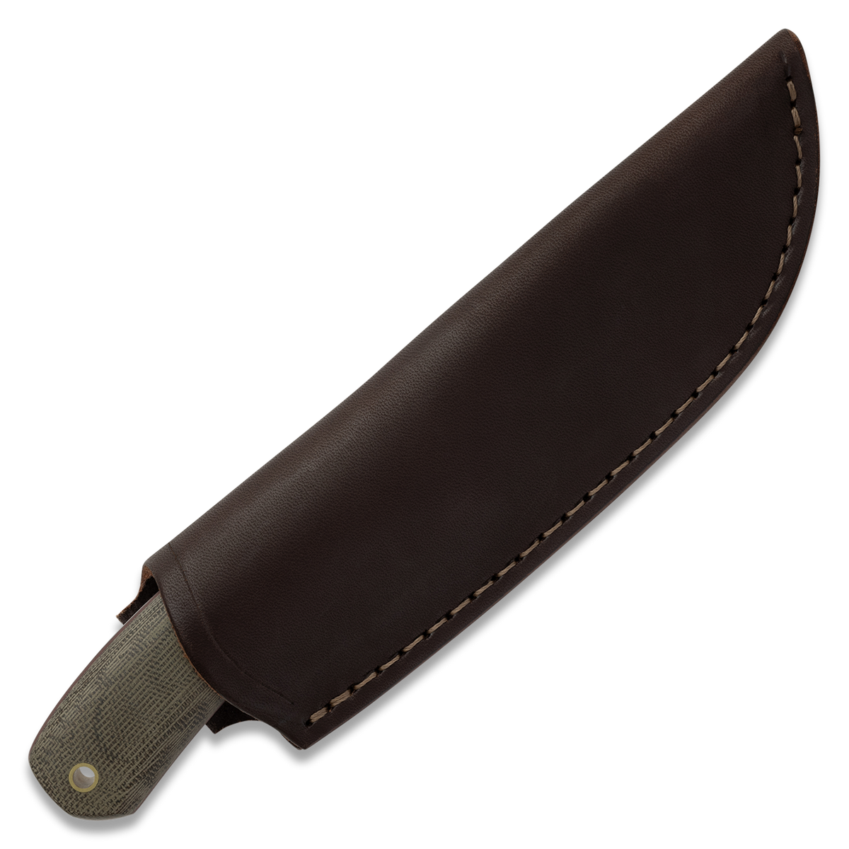 Large Lulu Fixed Blade Knife in its leather sheath, front view, with handle visible