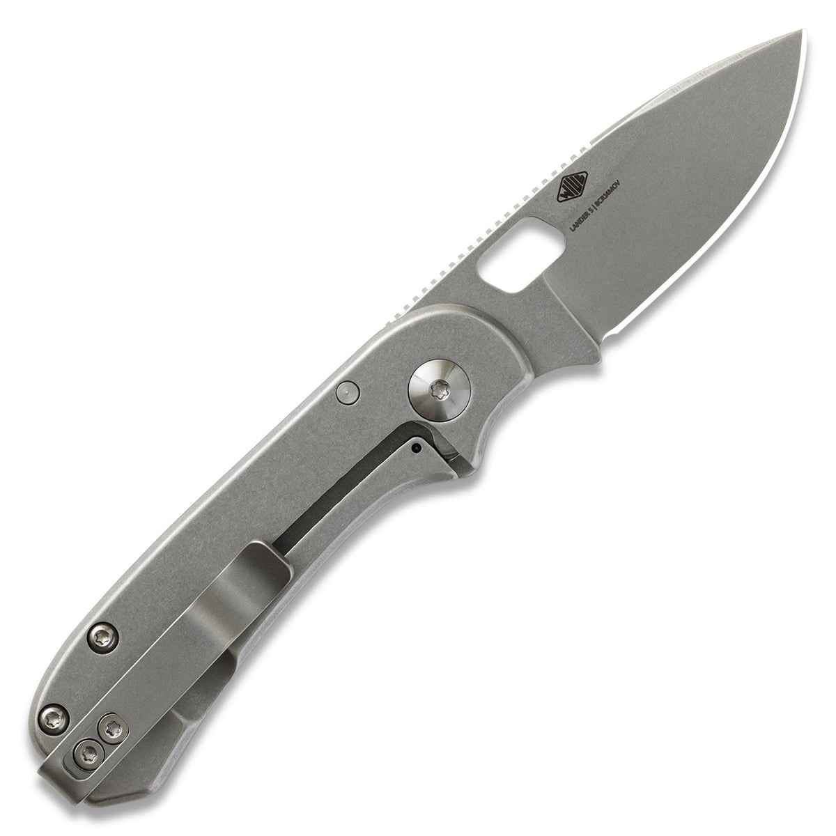 KNAFS-00396 Lander 5 Folding knife with a metallic finish on a white background