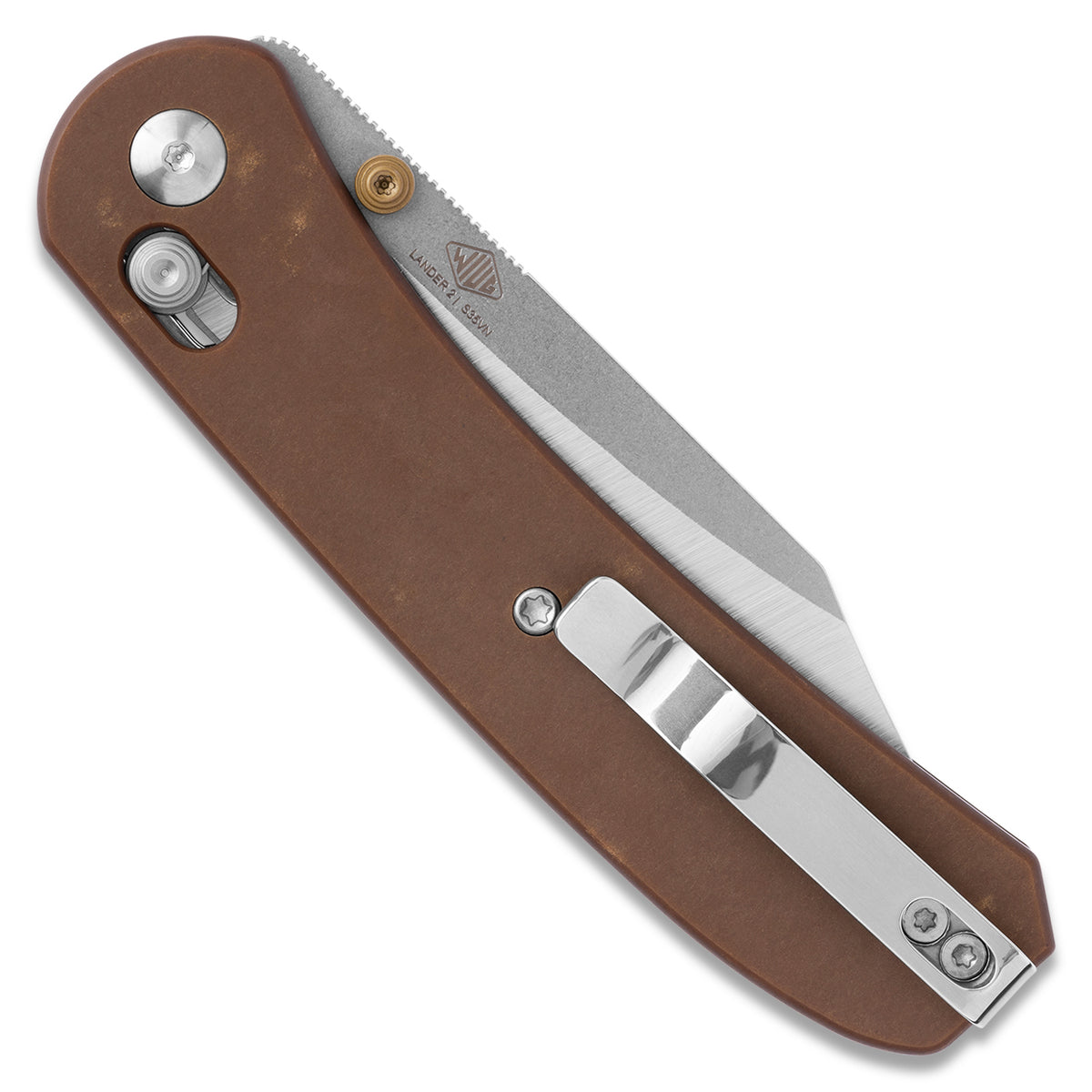 Lander 2 pocket knife with clip point blade in satin finish, closed, back view