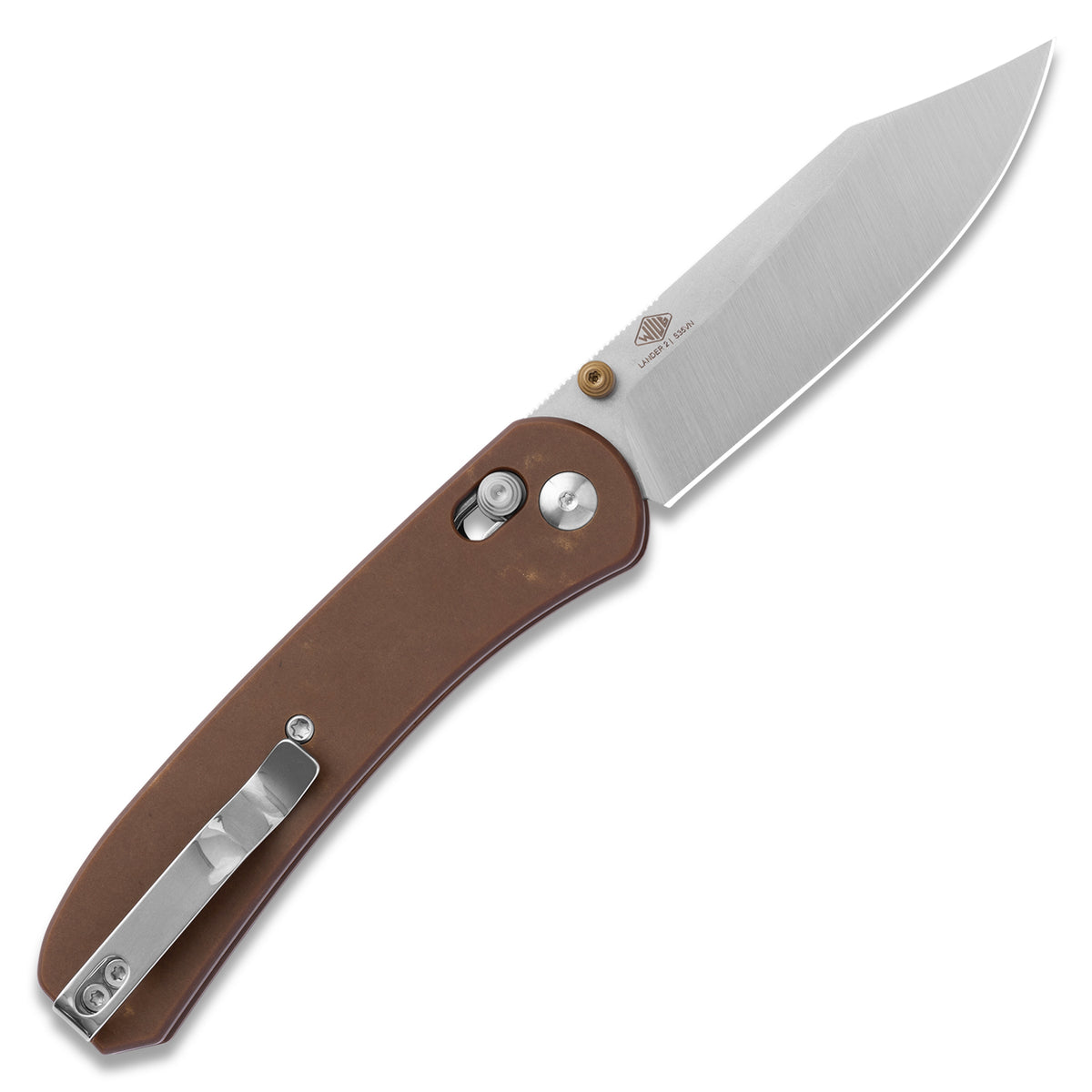 Lander 2 pocket knife with clip point blade in satin finish, open, back view
