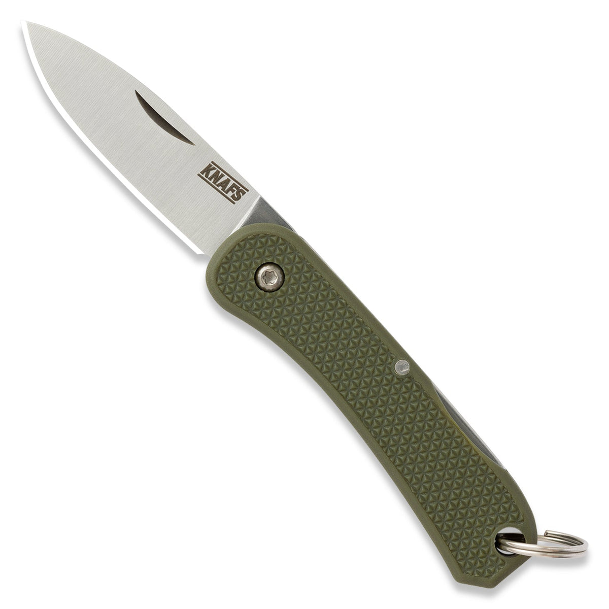 Lander 6 mini keychain knife with OD green handle, open, front view