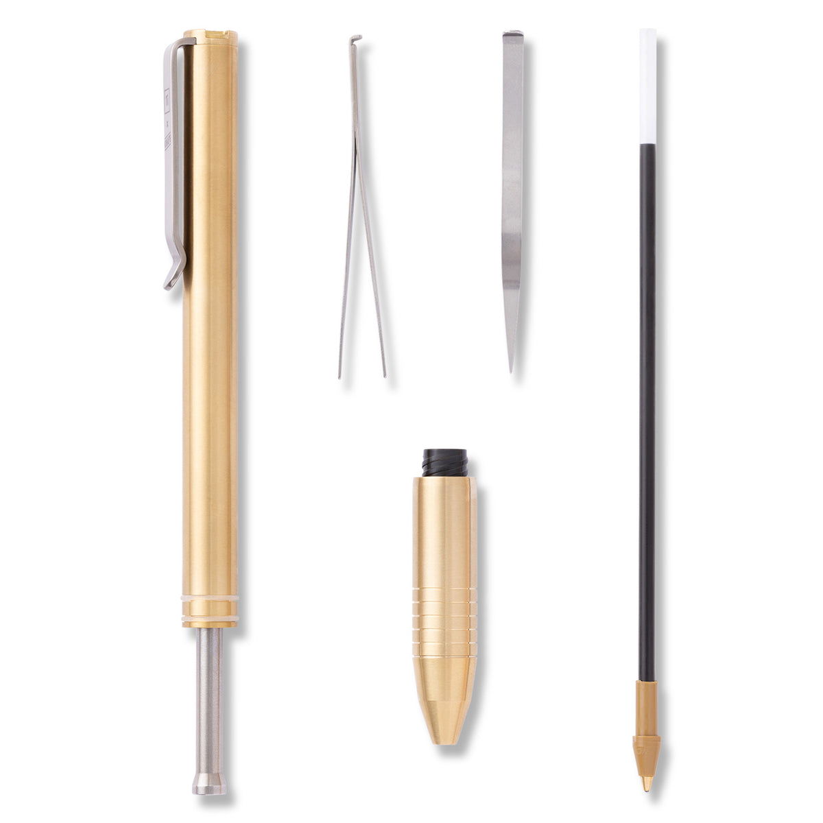 BIGiDESIGN x Knafs Sancho EDC Pen - Brass - Product on white - disassembled, exploded view