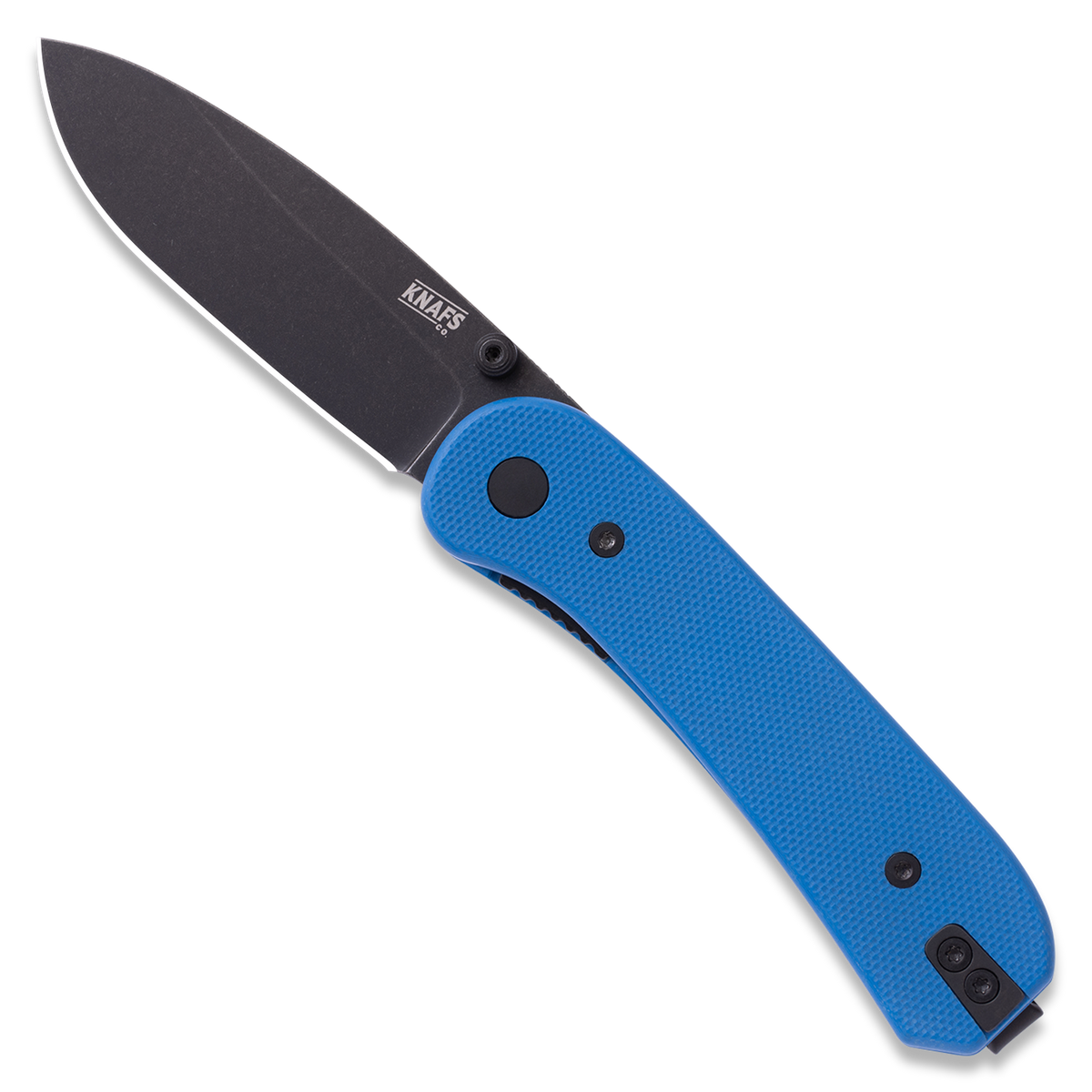 Lander 1 Pocket Knife - Flat G10 Scales - Pre-Built - open front Black blade blue handle