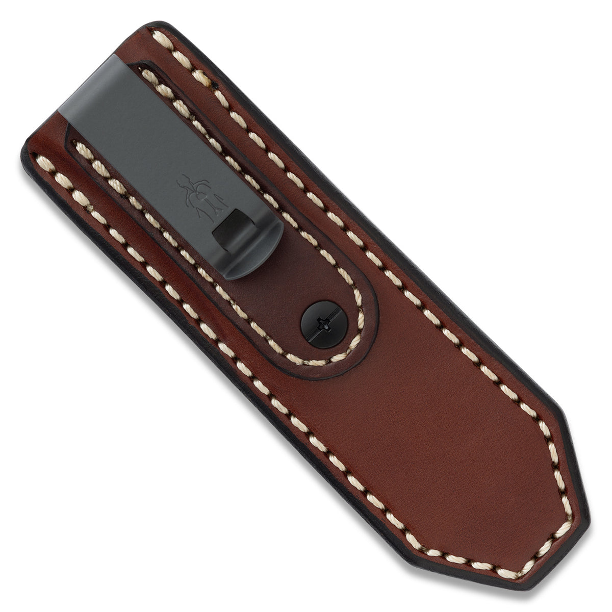 Lander 4 in-pocket brown leather sheath, back view showing belt clip