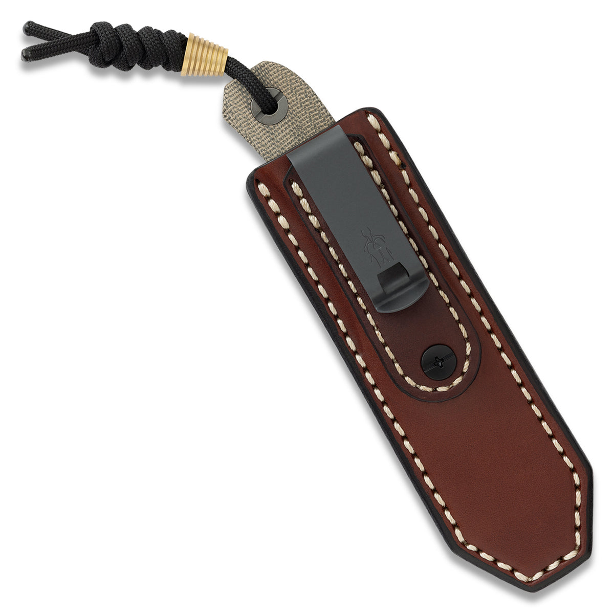Lander 4 in-pocket brown leather sheath with knife inserted, back view showing belt clip